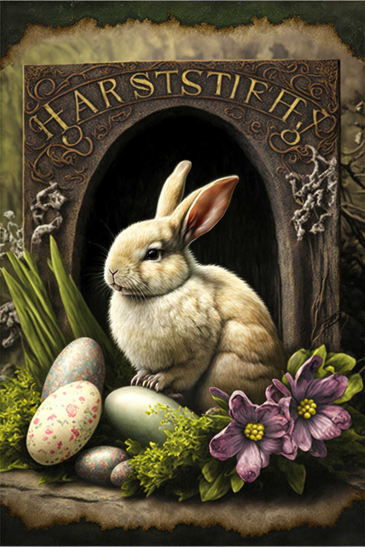 Easter postcard featuring rabbit, decorated eggs, flowers, Midjourney prompt for holiday themes, art styles, customization techniques.