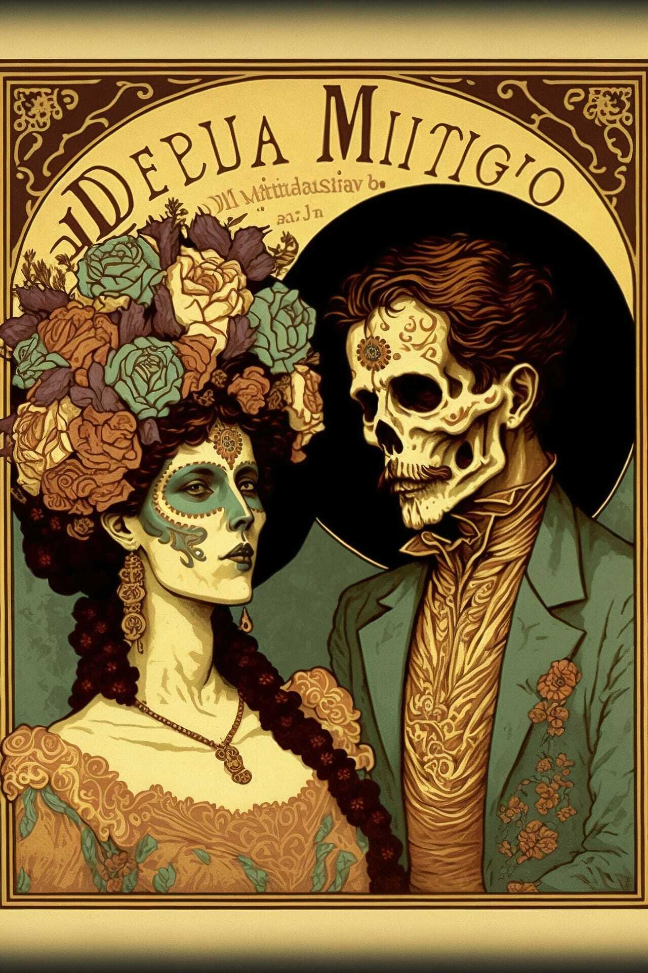 Midjourney prompt for Dia De Los Muertos postcard featuring floral skull art by Alphons Mucha.