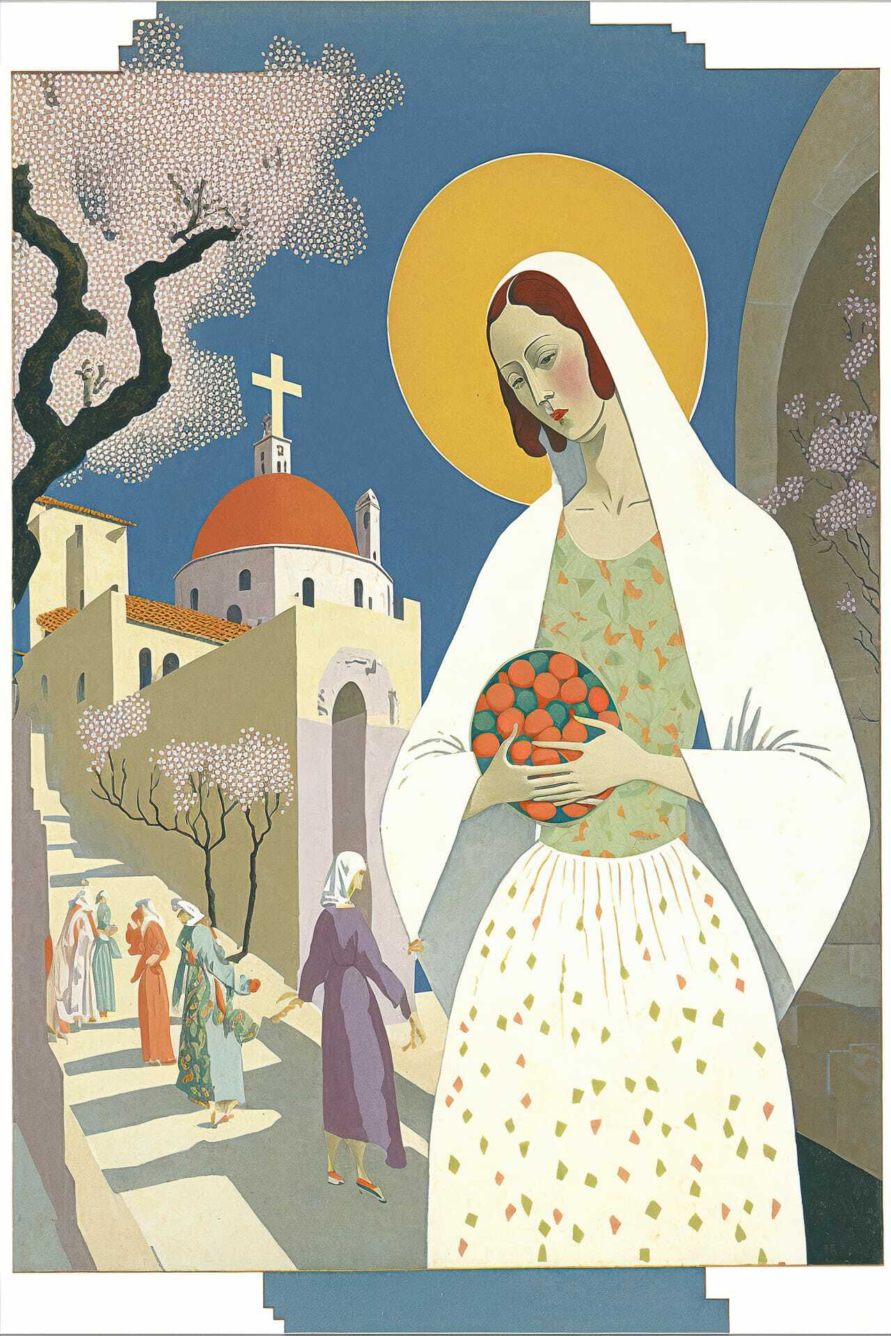 Midjourney prompt for holiday postcard featuring woman with fruit, church, and trees, by Felice Casorati.