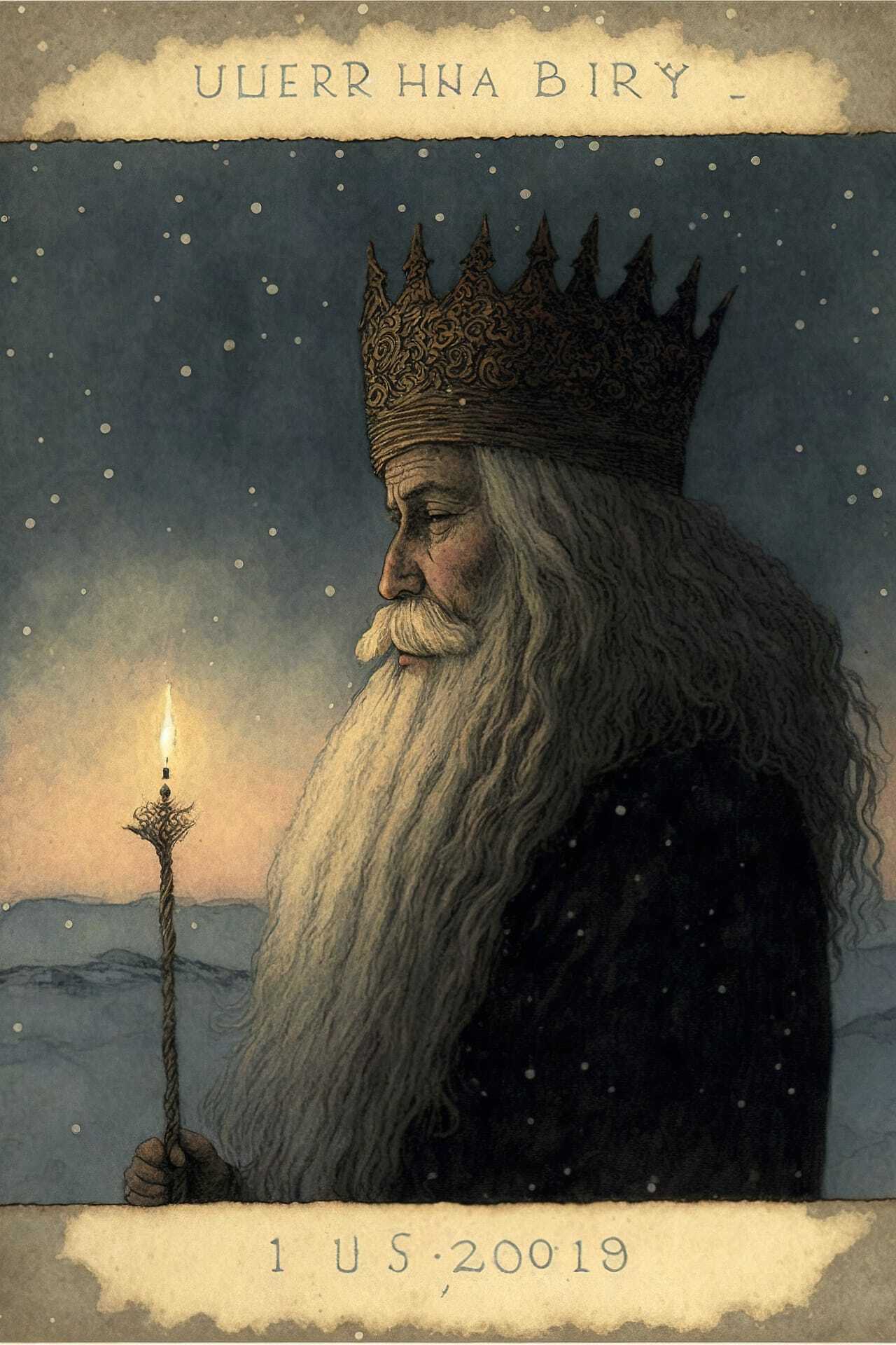 Midjourney prompt for holiday postcard featuring king holding candle, winter scene, by John Bauer.