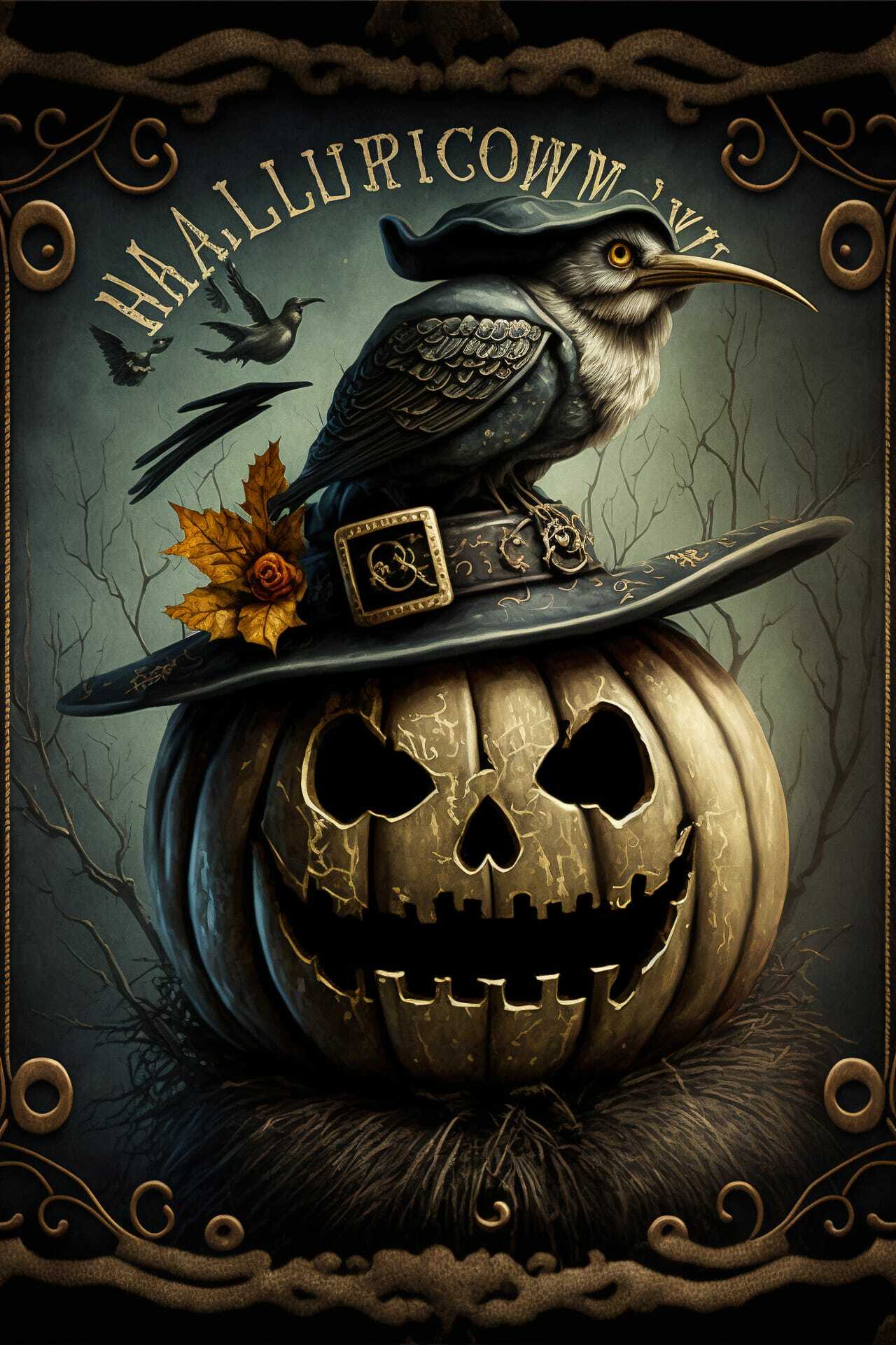 Halloween postcard featuring carved pumpkin, crow with hat, autumn leaves, Midjourney prompt for spooky art style.