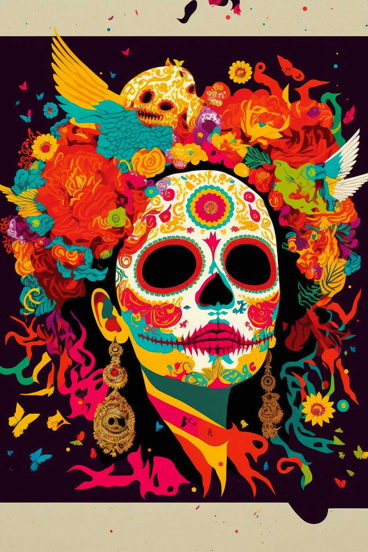 Colorful Day of the Dead illustration featuring skull motifs and floral designs, inspired by Midjourney prompt techniques.