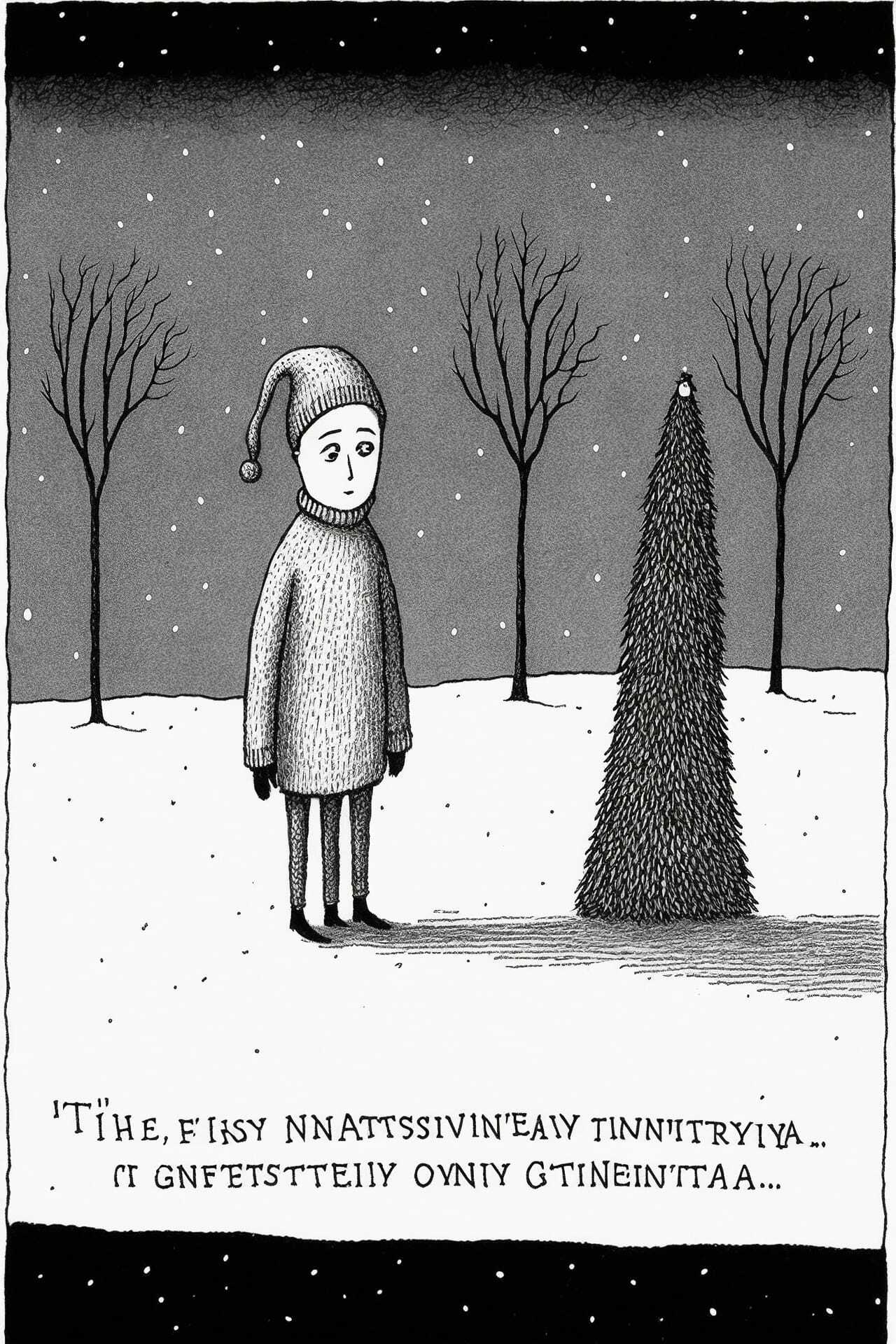 Merry Christmas postcard by Edward Gorey, featuring snowy landscape, character, and tree. Midjourney prompt for holiday postcard generation.