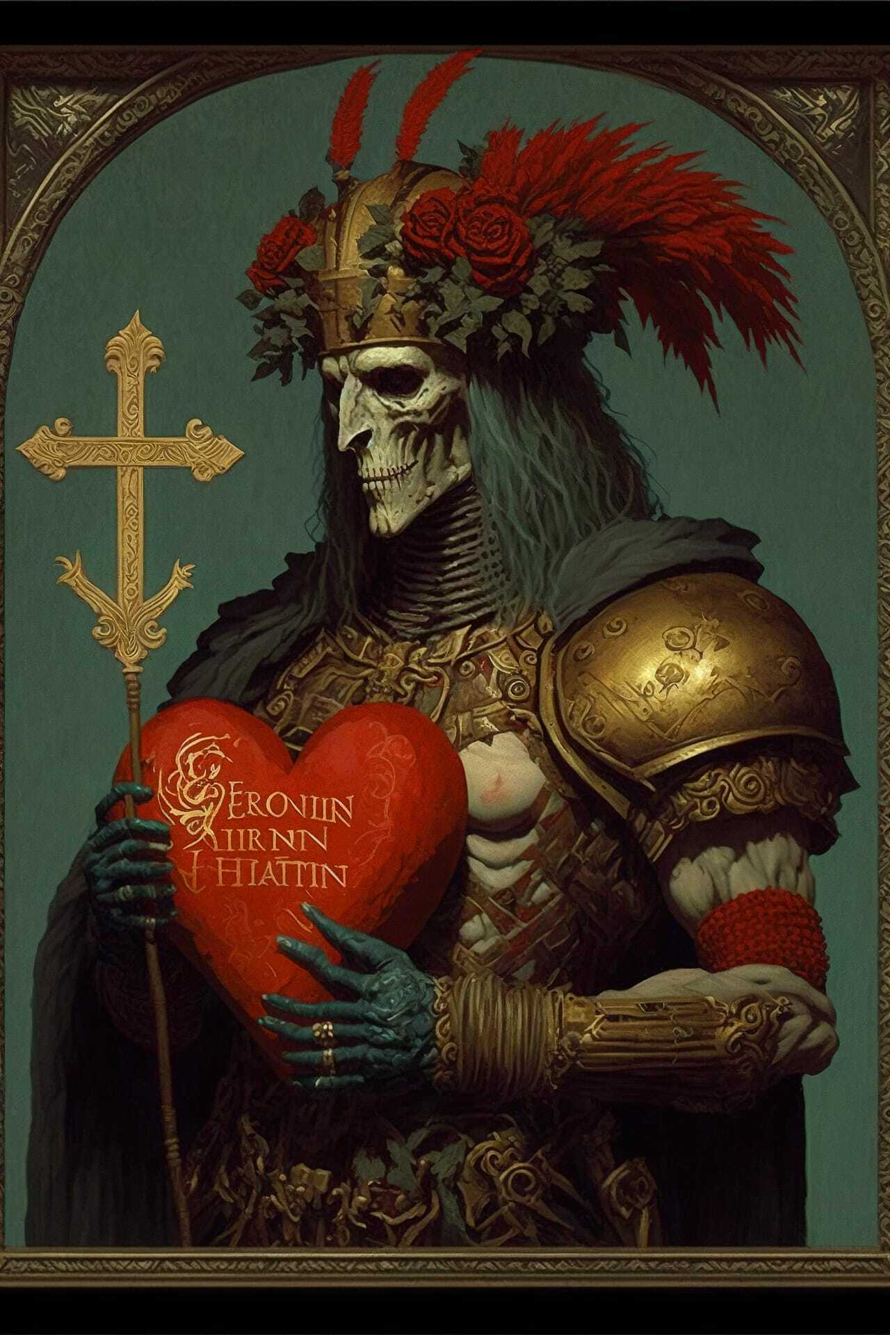 Midjourney prompt for holiday postcard featuring skeletal figure with heart, styled by William Morris.