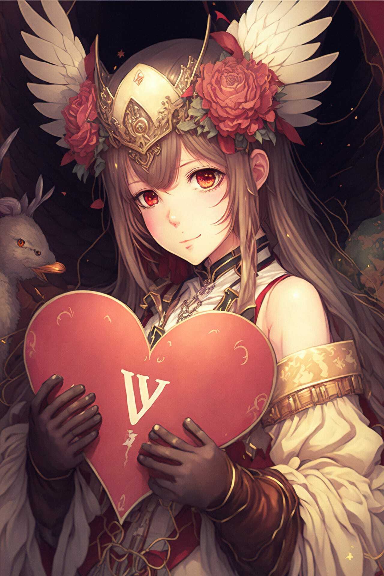 Midjourney prompt for holiday postcard featuring character holding heart, floral crown, and winged design, by Kawacy.