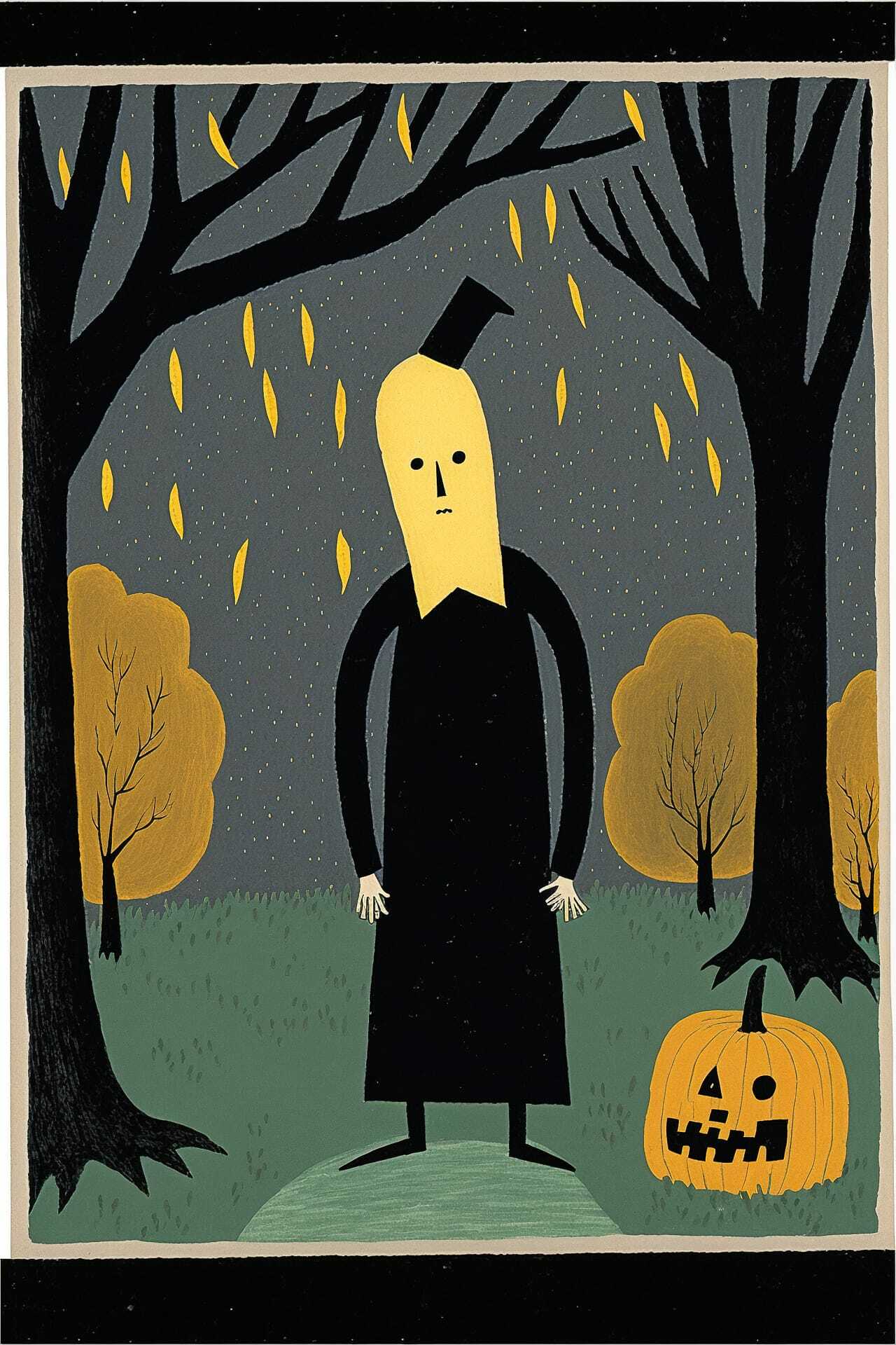 Halloween postcard featuring character by Horace Pippin, Midjourney prompt for spooky art style, pumpkin, autumn leaves.