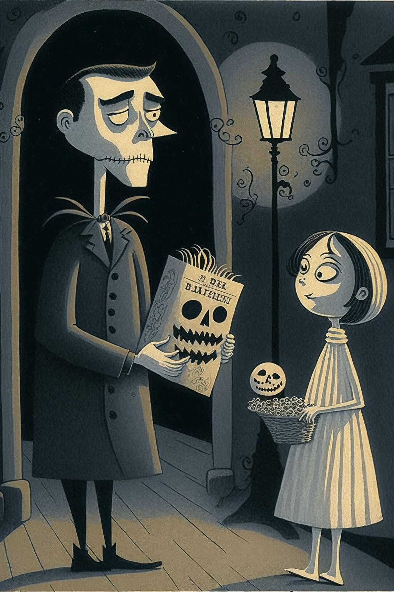 Midjourney prompt for Halloween postcard featuring skeleton characters, spooky atmosphere, art style by Paul Rand.