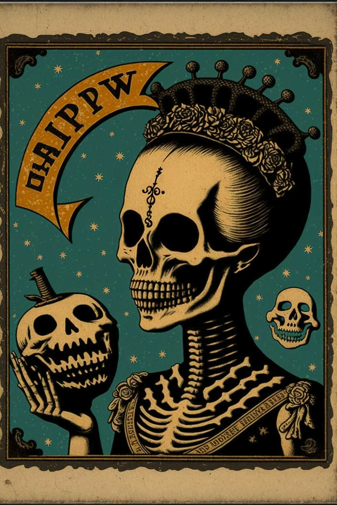 Dia De Los Muertos postcard featuring skeletons, prompt for Midjourney AI art generation, by Ravi Zupa.