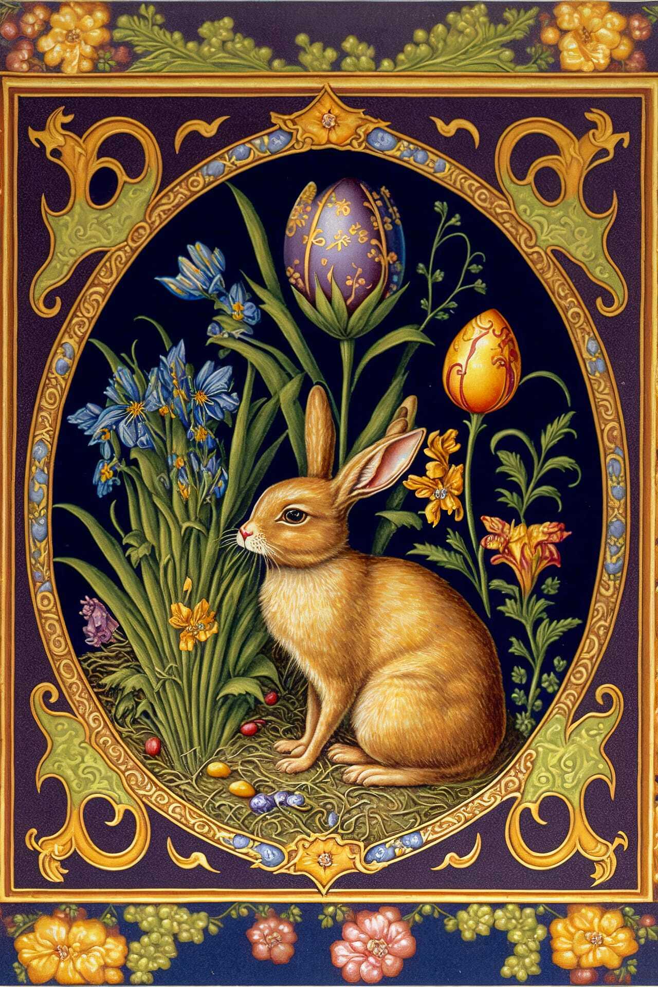 Easter postcard featuring rabbit, flowers, and decorated eggs in Cloisonnism style. Midjourney prompt customization for holiday themes.