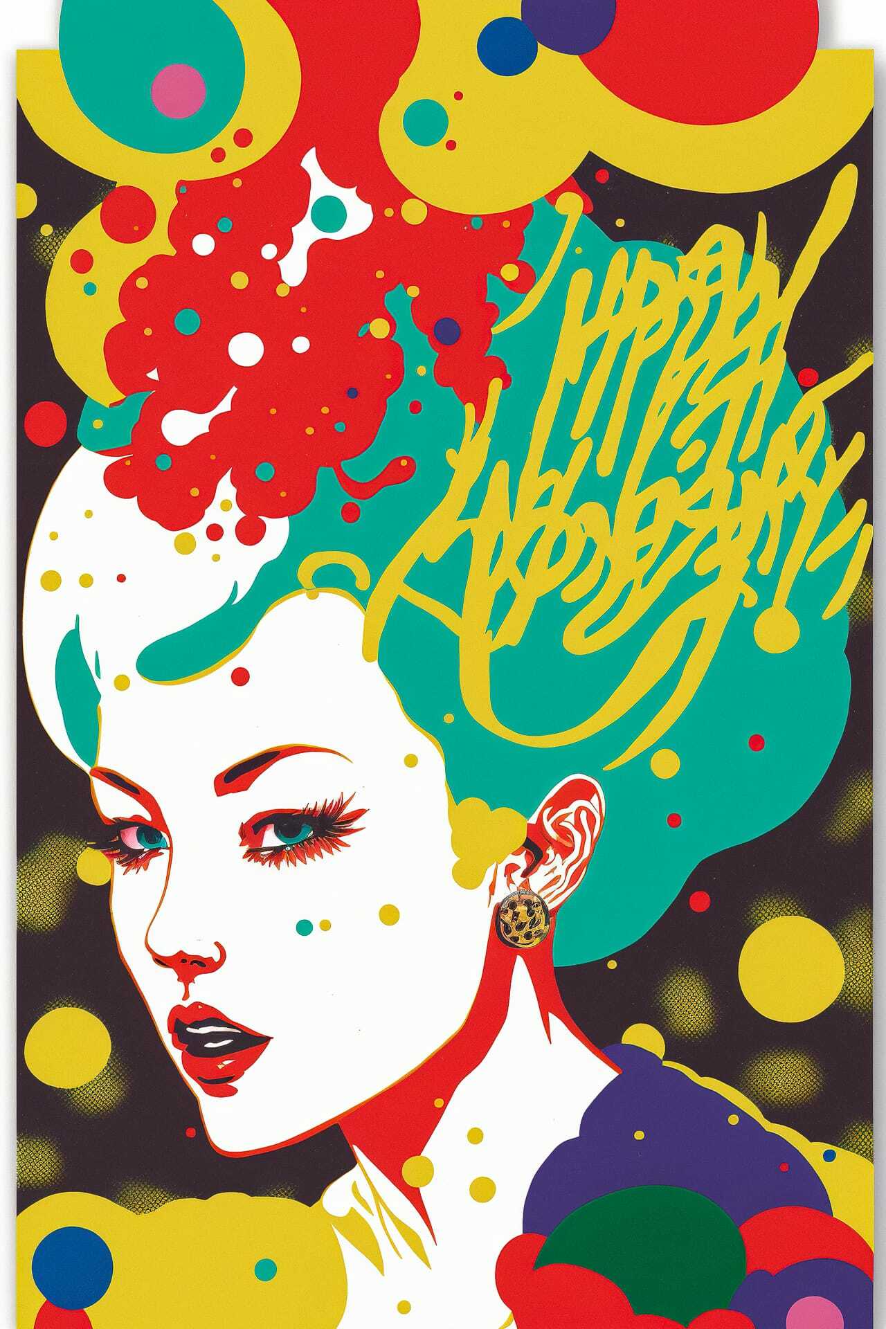 Colorful illustration of woman with vibrant patterns, holiday postcard design using Midjourney prompt techniques by Yoh Nagao.