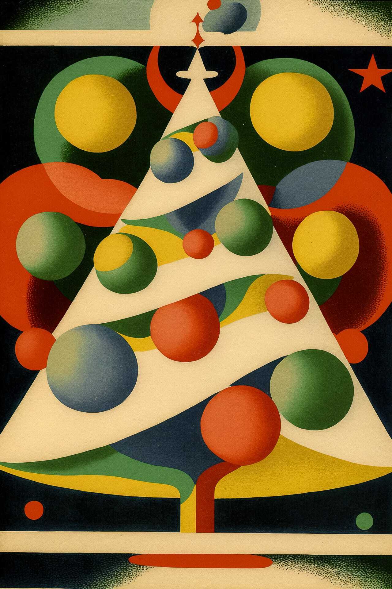 Midjourney prompt for Christmas postcard featuring abstract tree design by Robert Delaunay, vibrant colors, geometric shapes.