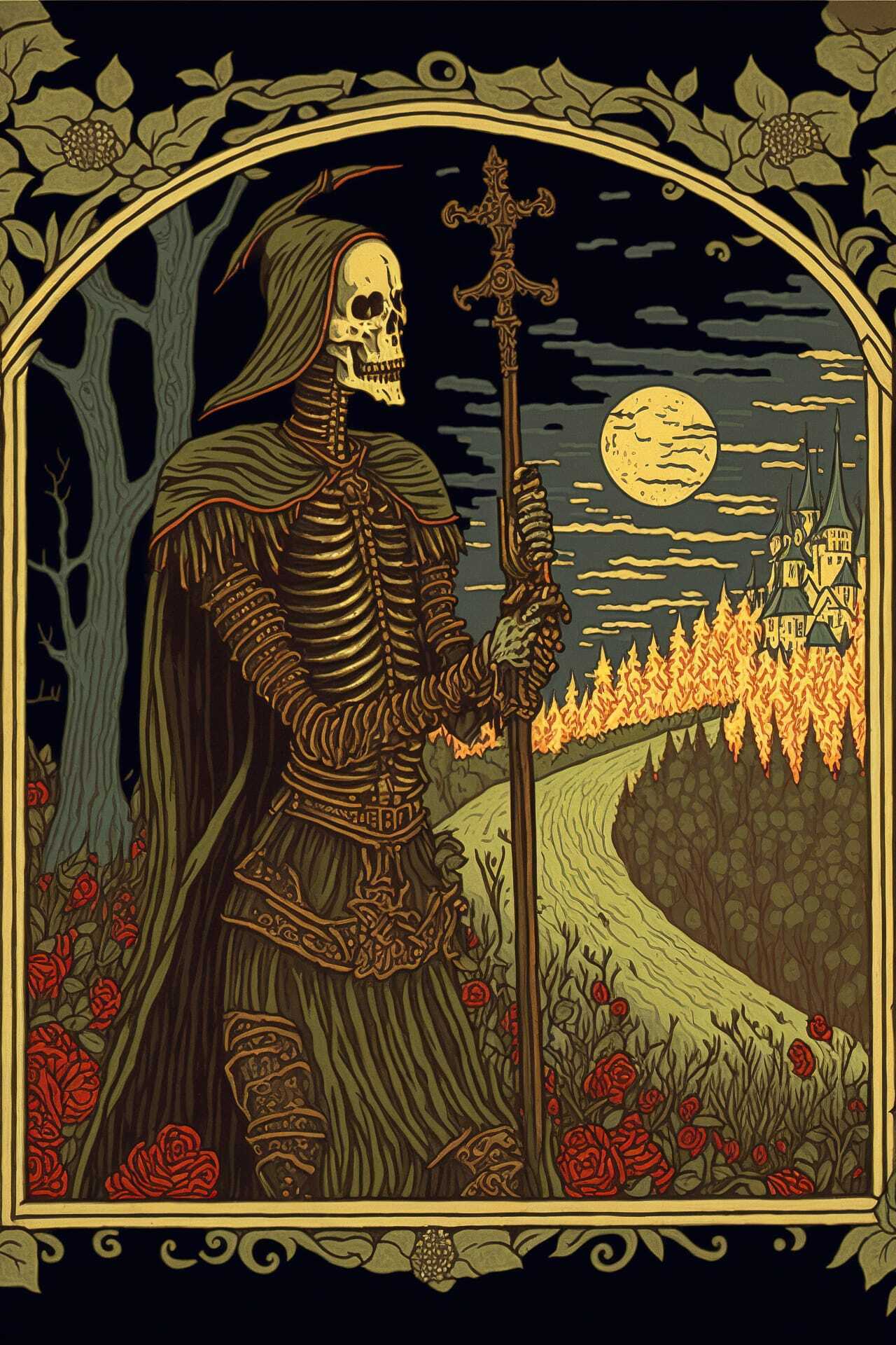 Midjourney prompt for Halloween postcard featuring skeleton figure by Ivan Bilibin, dark forest, moonlit scene, artistic style.