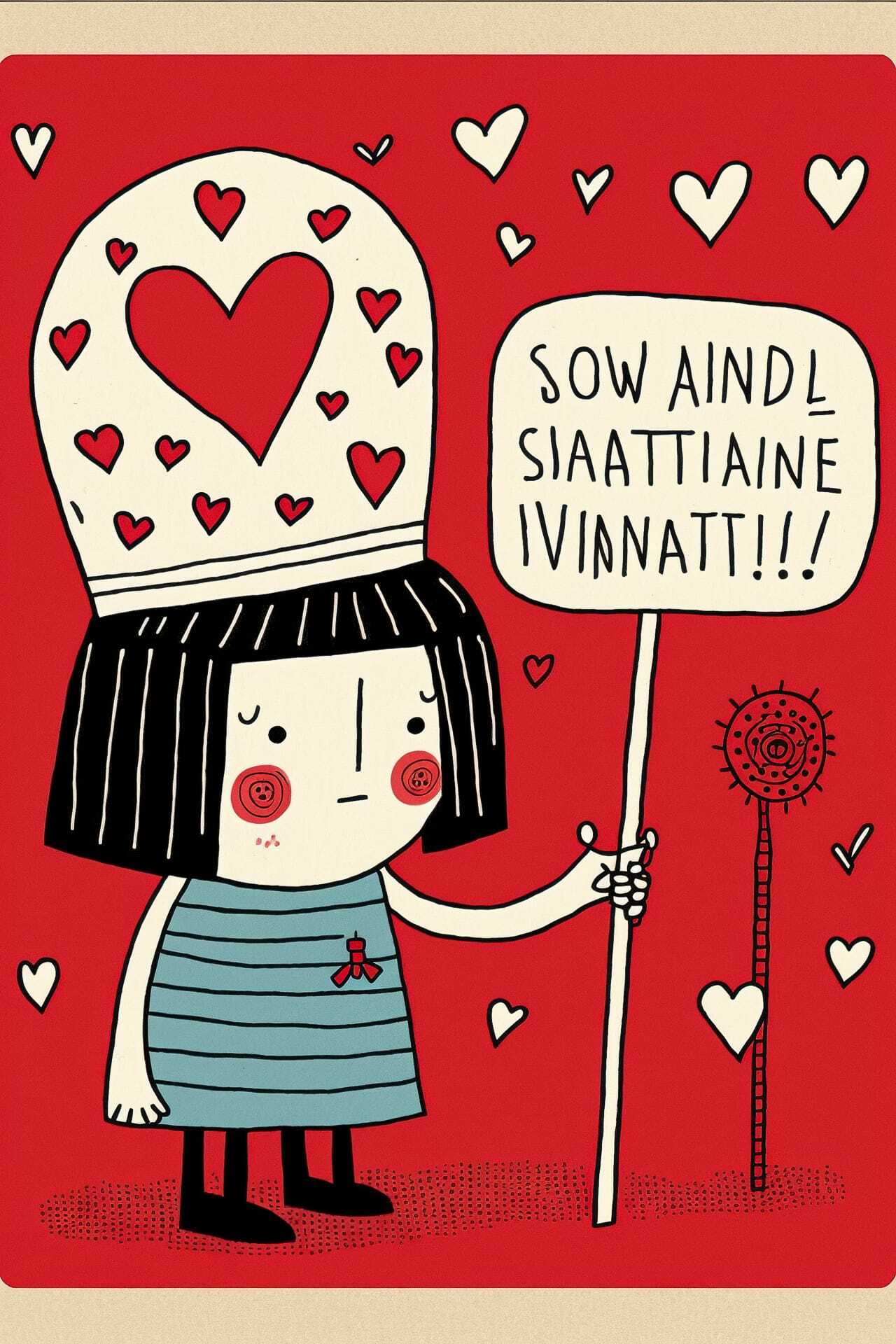Valentine's Day postcard art by Yoh Nagao featuring girl with heart crown holding sign, Midjourney prompt inspiration.