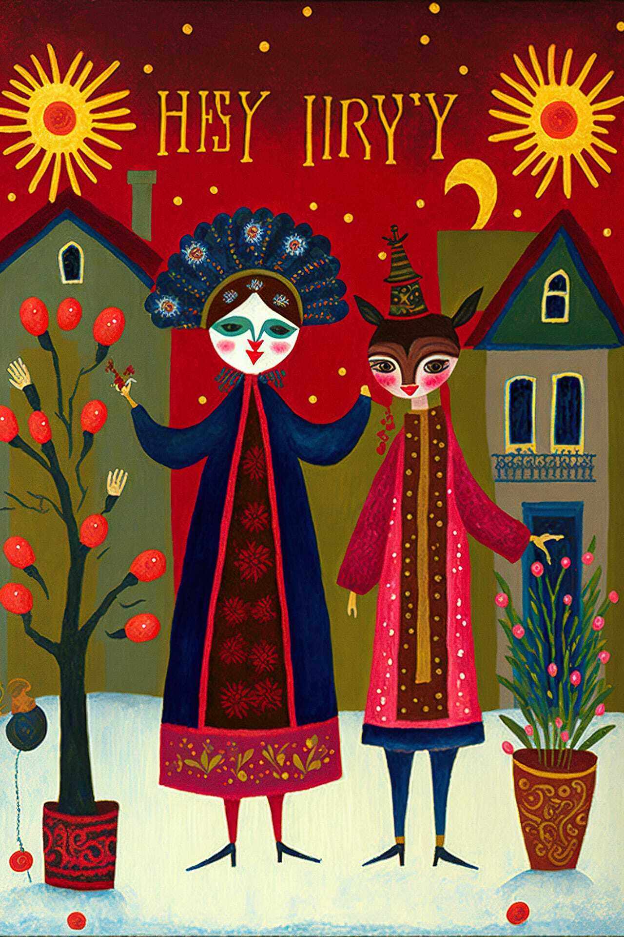 Folk art depicting holiday postcard scene, Midjourney prompt for festive designs, vibrant colors, cultural elements, winter theme.
