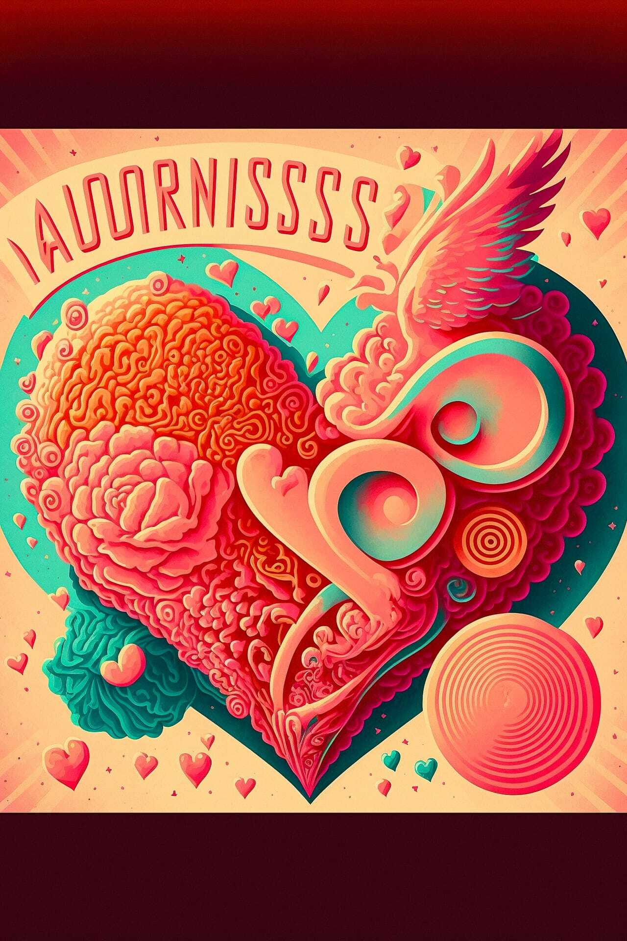Valentine's Day postcard design using Midjourney prompt techniques, featuring vibrant heart motifs and artistic elements.