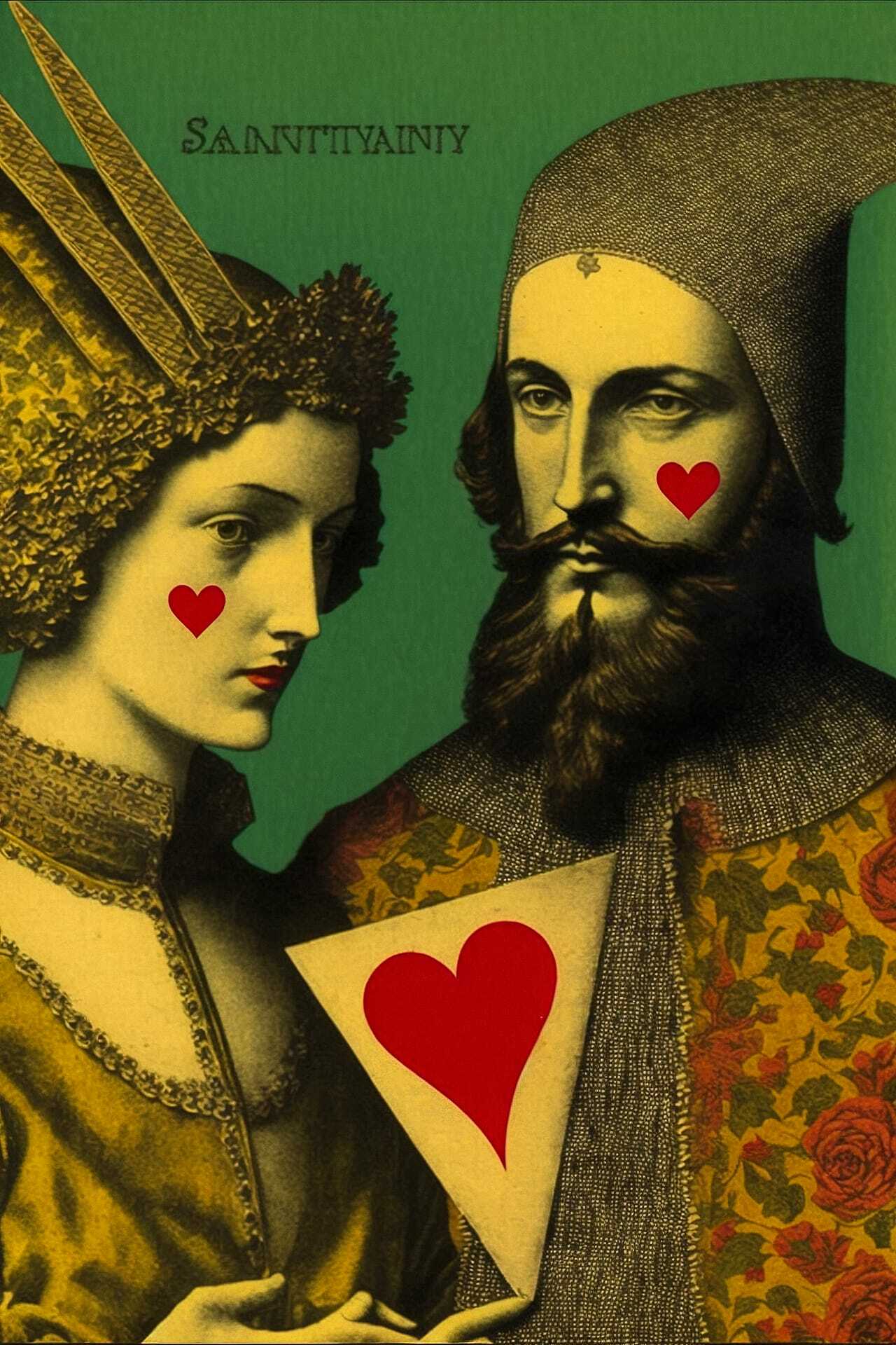 Midjourney prompt for Valentine's Day postcard featuring historical figures with heart motifs, by Sergei Parajanov.