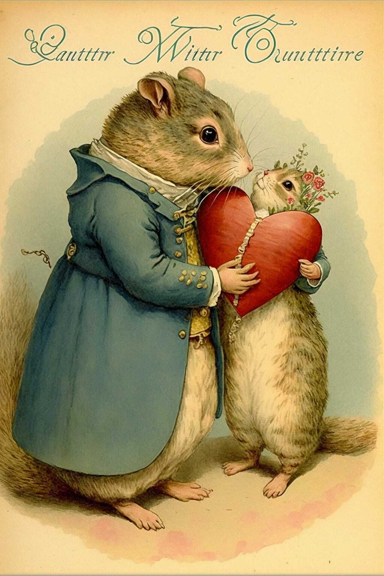 Whimsical illustration of anthropomorphic rodents exchanging heart, inspired by Midjourney prompt techniques for holiday postcards.