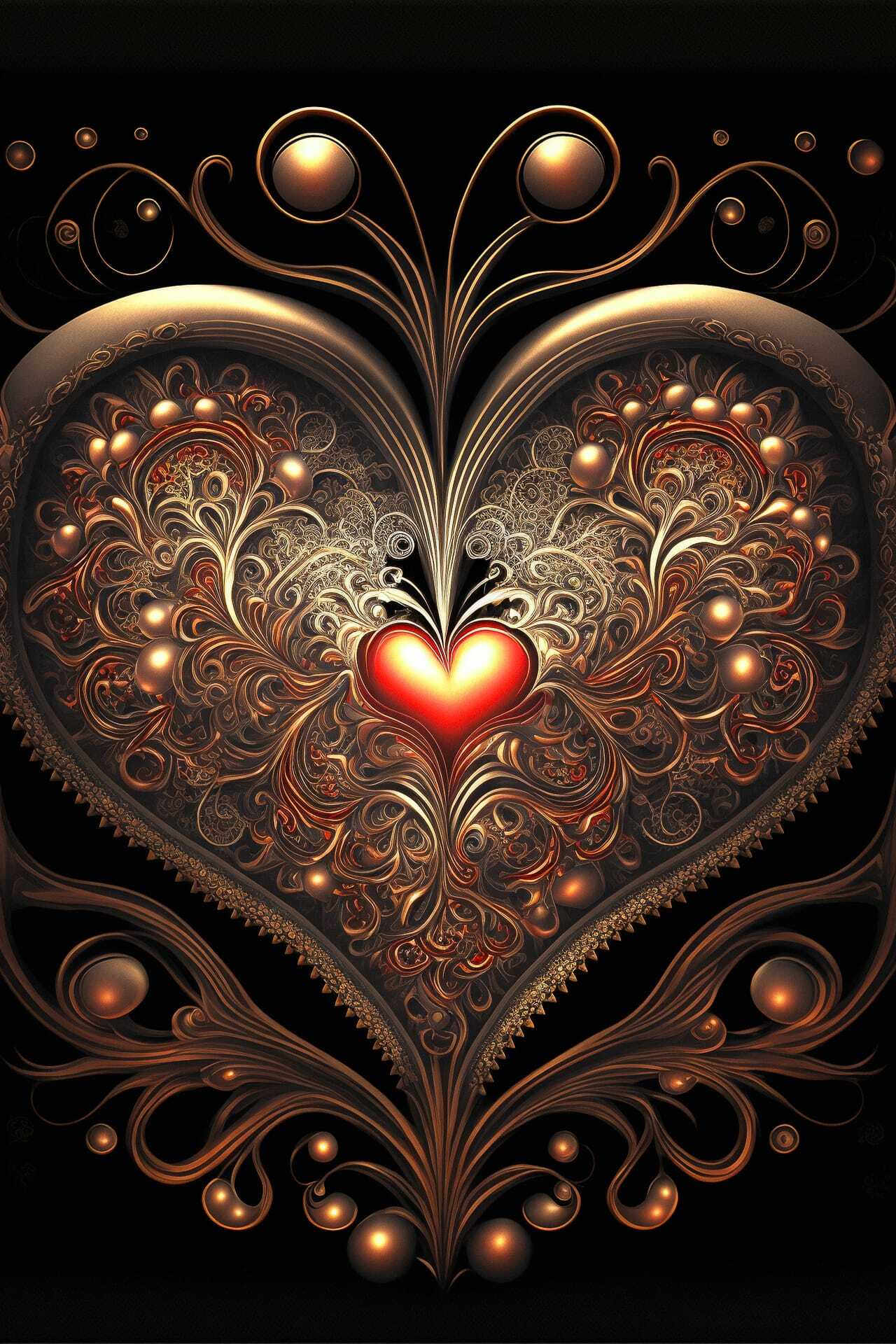 Fractal art style heart design generated with Midjourney prompt techniques for holiday postcards.