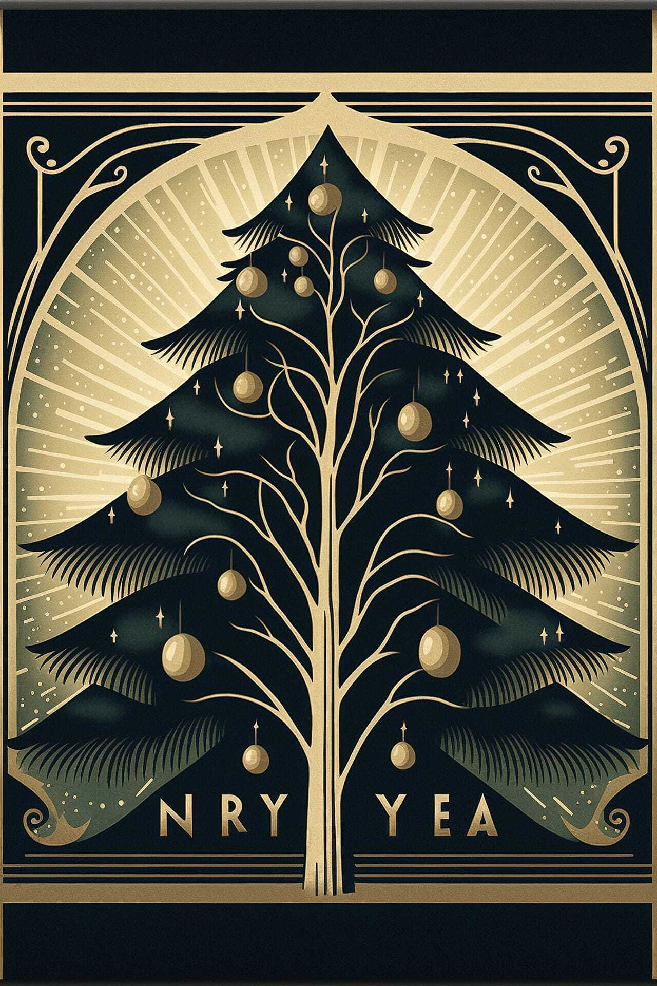Christmas postcard design in Art Deco style using Midjourney prompt techniques for holiday themes.