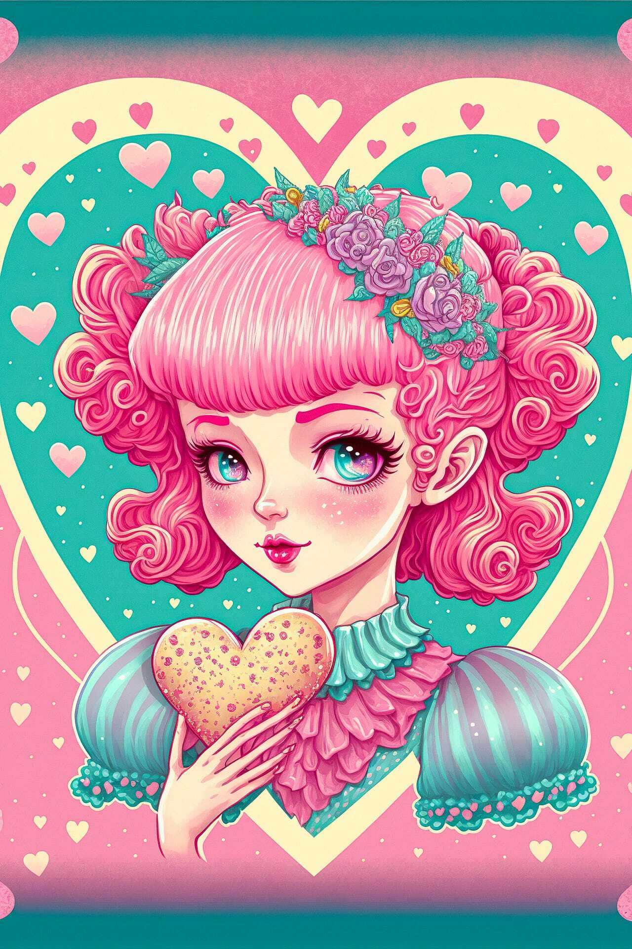 Fairy Kei style illustration featuring character holding heart, Midjourney prompt for Valentine's Day postcard generation.