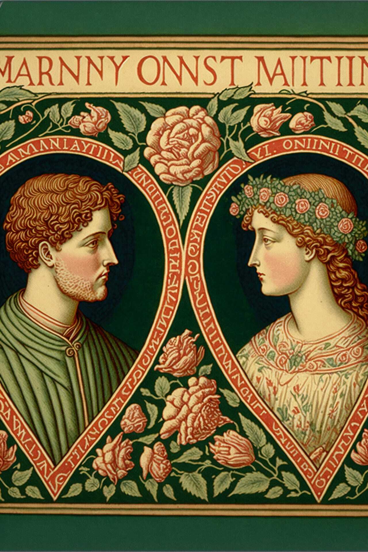 Midjourney prompt for holiday postcards featuring William Morris art style, floral design, and character portraits.