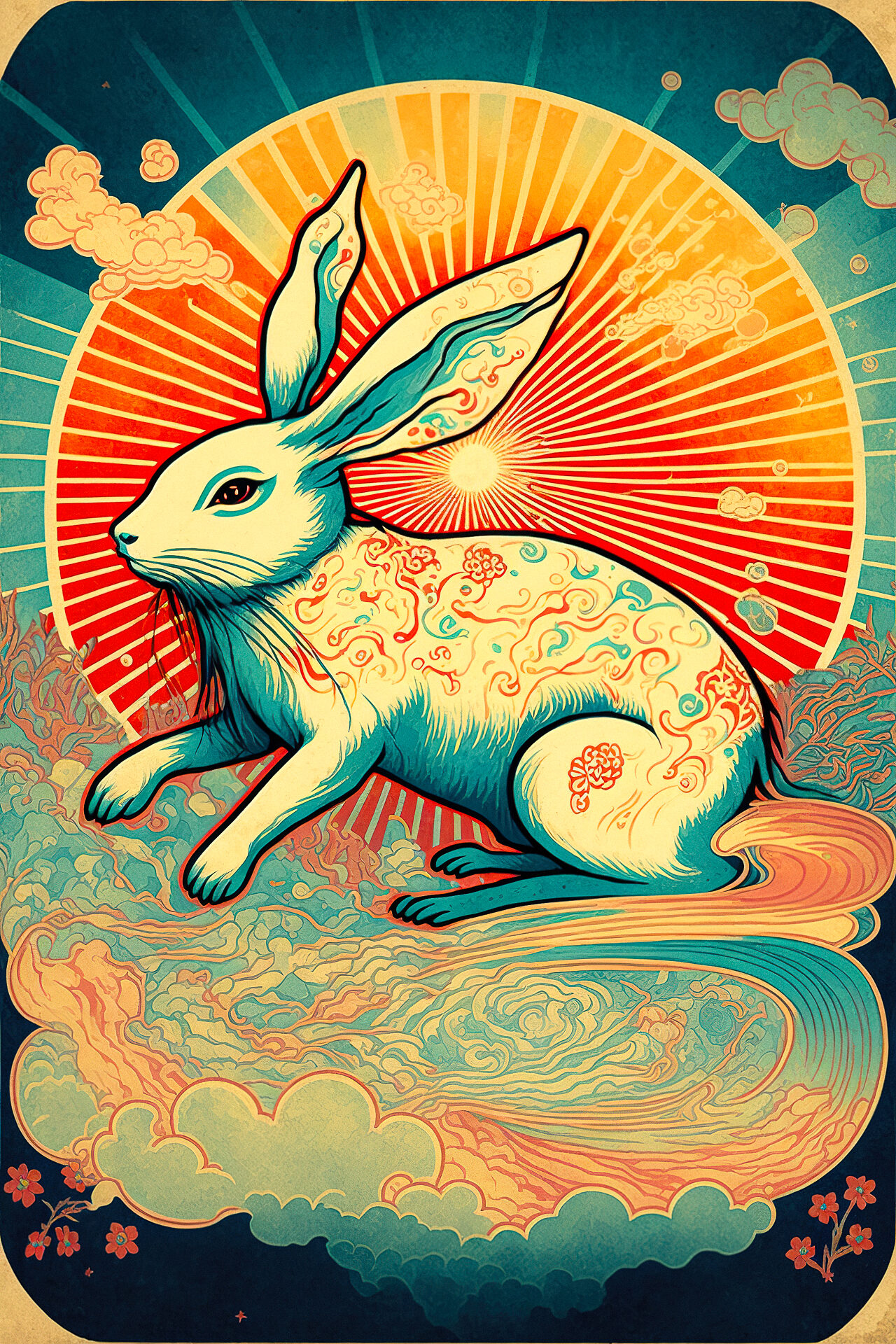 Chinese New Year postcard featuring rabbit, psychedelic art, Midjourney prompt techniques, version 4.
