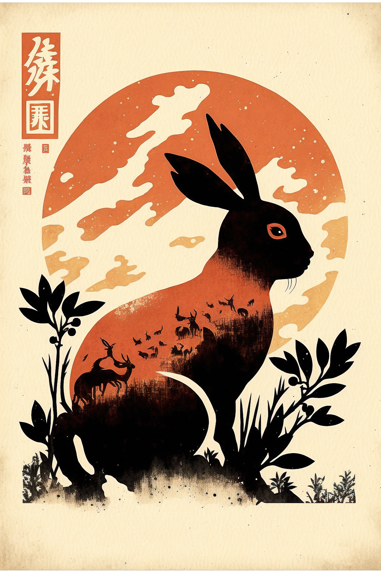 Chinese New Year postcard featuring rabbit by Dan Matutina, showcasing Midjourney prompt techniques and art styles.