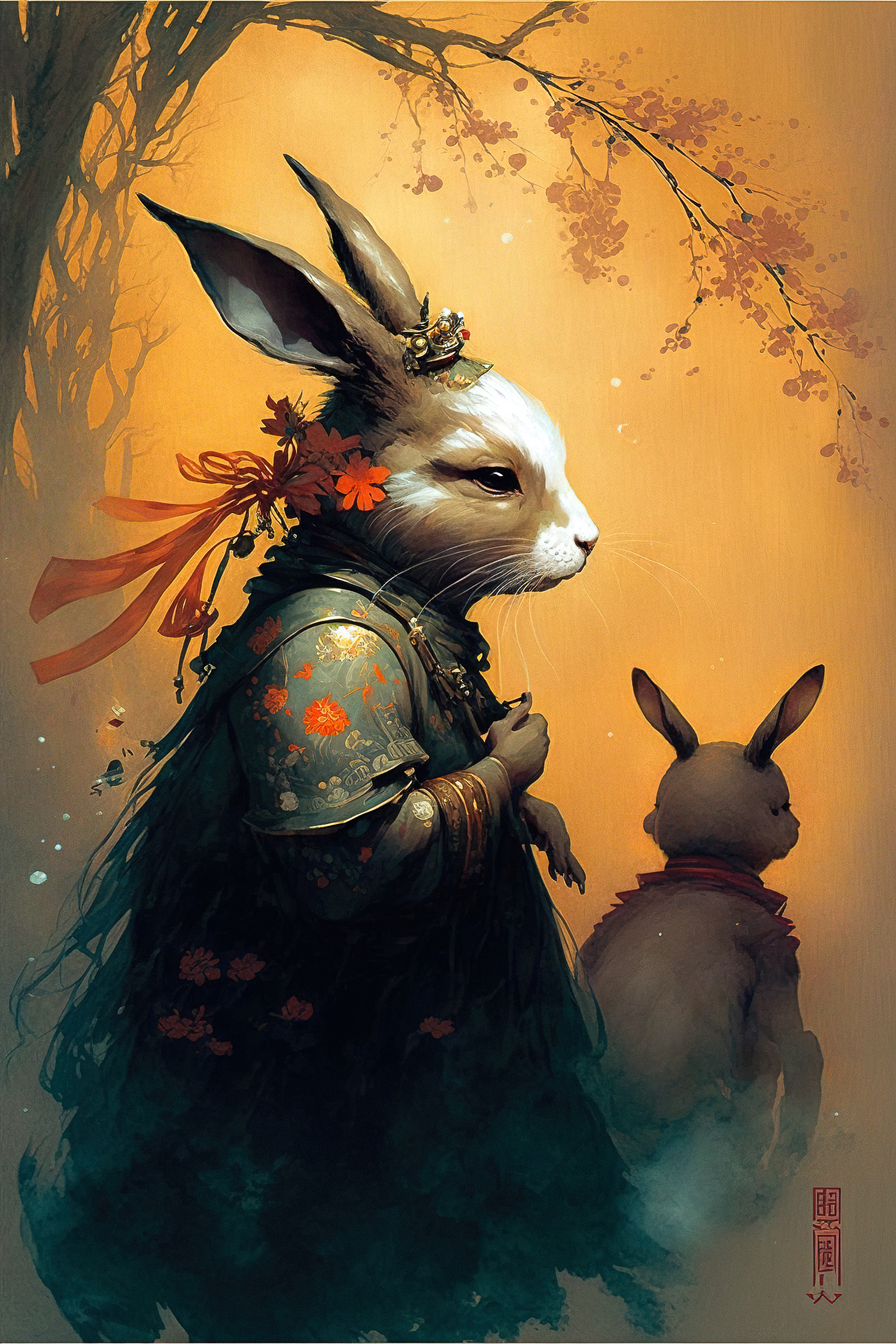Chinese New Year postcard featuring rabbit characters by Anne Bachelier, Midjourney prompt techniques, holiday postcard styles.
