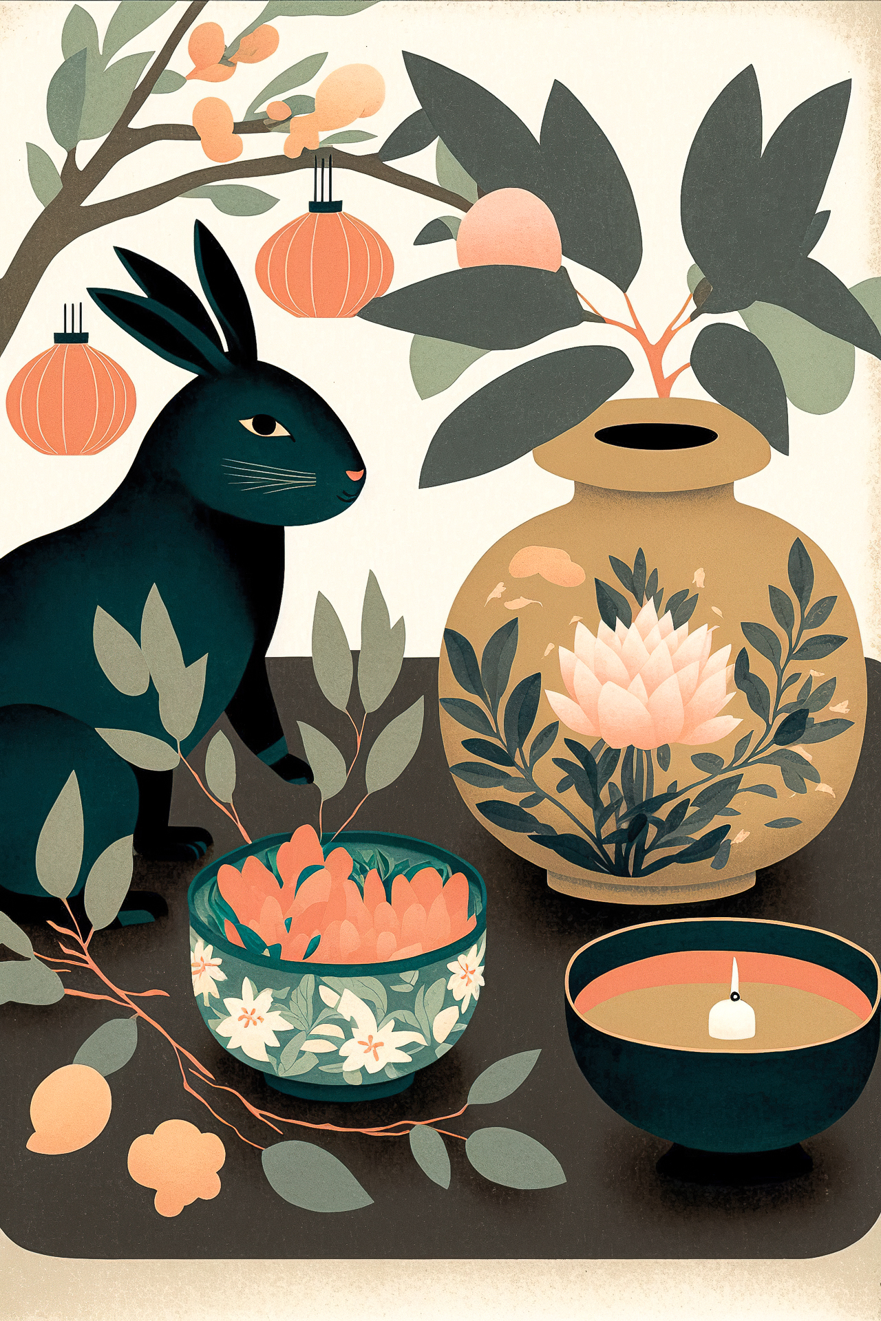 Chinese New Year postcard featuring rabbit, floral elements, and decorative bowls. Midjourney prompt: Chinese New Year postcard by Keith Negley.