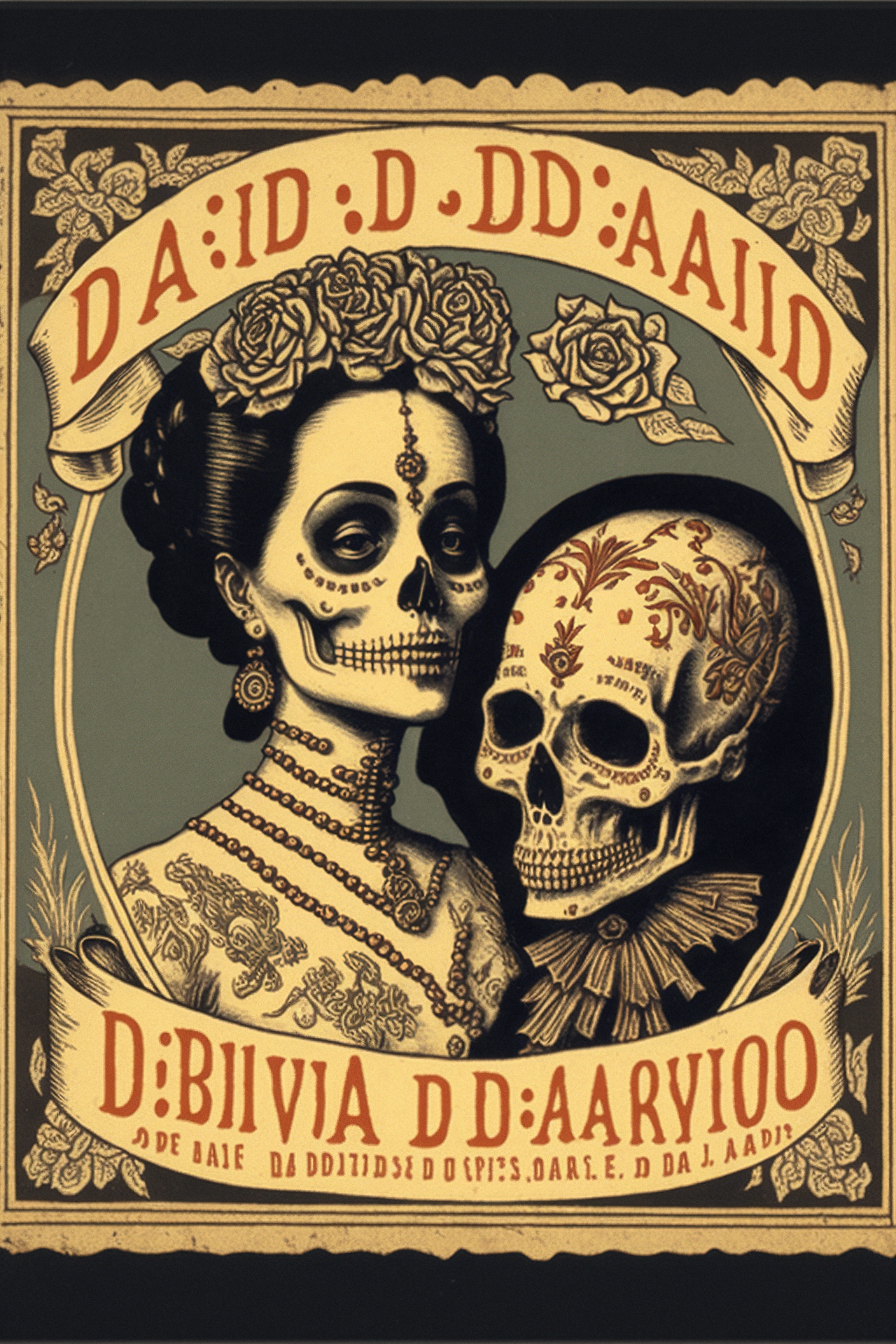 Dia de Los Muertos postcard featuring skeleton couple, Midjourney prompt for holiday art styles, by Ravi Zupa.