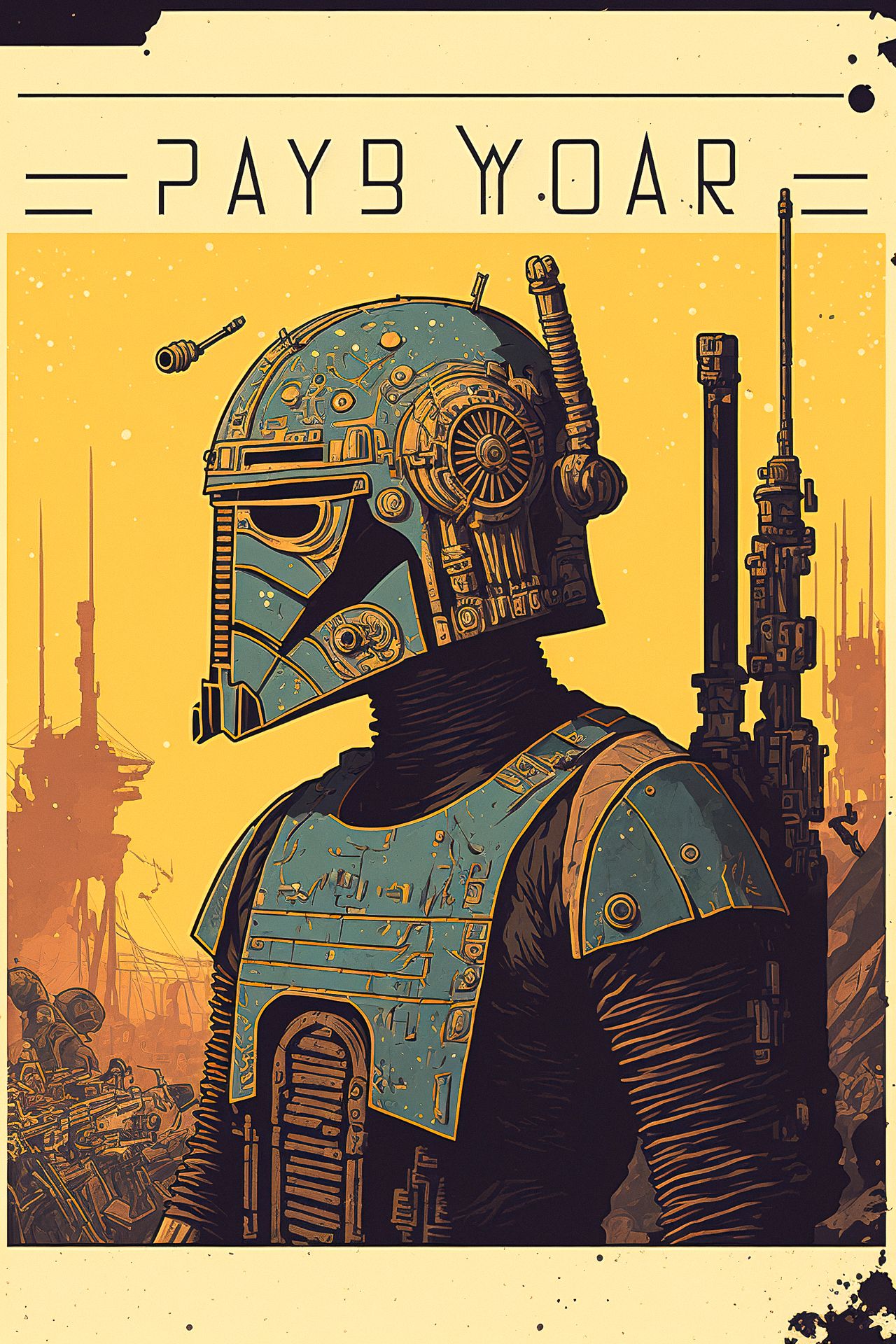Star Wars Day postcard by Laurie Greasley featuring character in blue armor, Midjourney prompt techniques for holiday postcards.