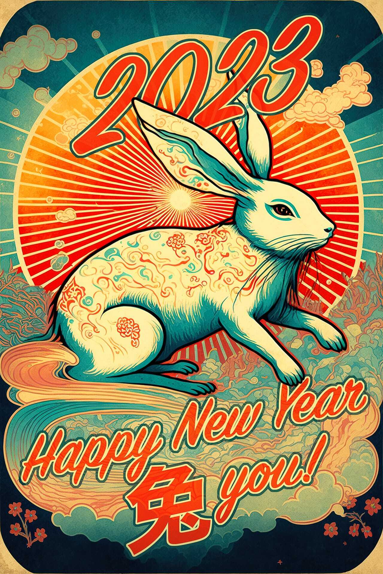 2023 New Year postcard featuring rabbit illustration, Midjourney prompt for holiday art styles, upscaled with Gigapixel AI.