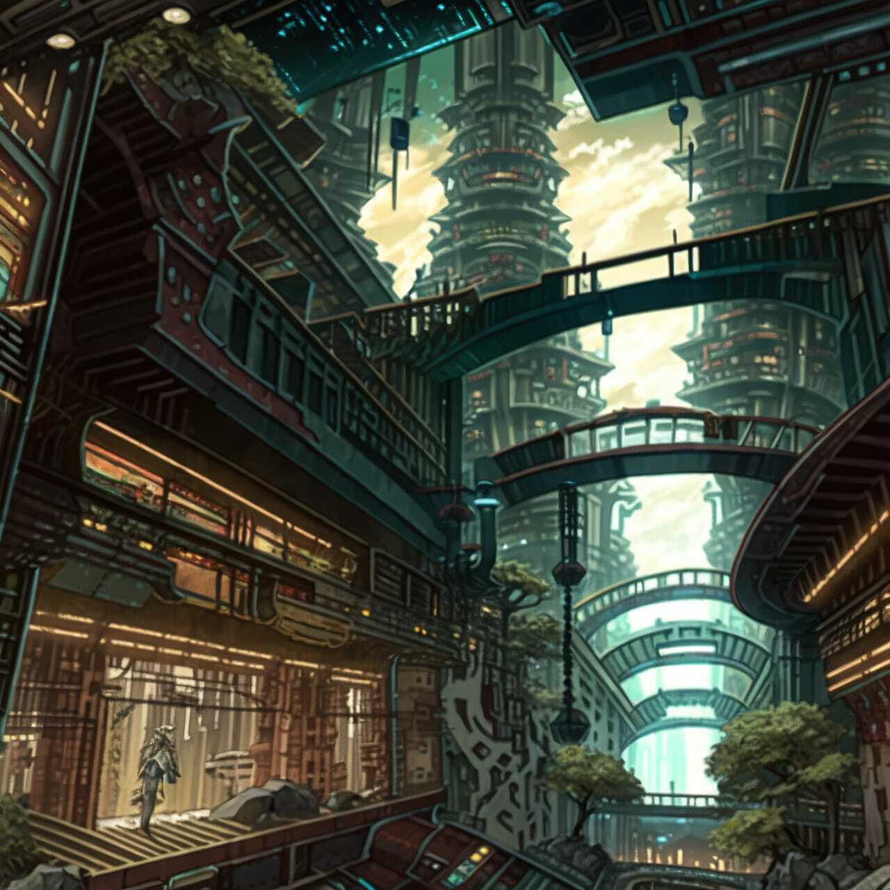 Midjourney prompt showcasing bioarchitecture in futuristic cityscape with intricate structures and greenery.