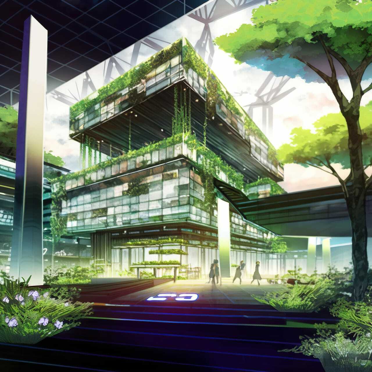 Midjourney prompt showcasing bioarchitecture with lush greenery, modern design, and dynamic composition.