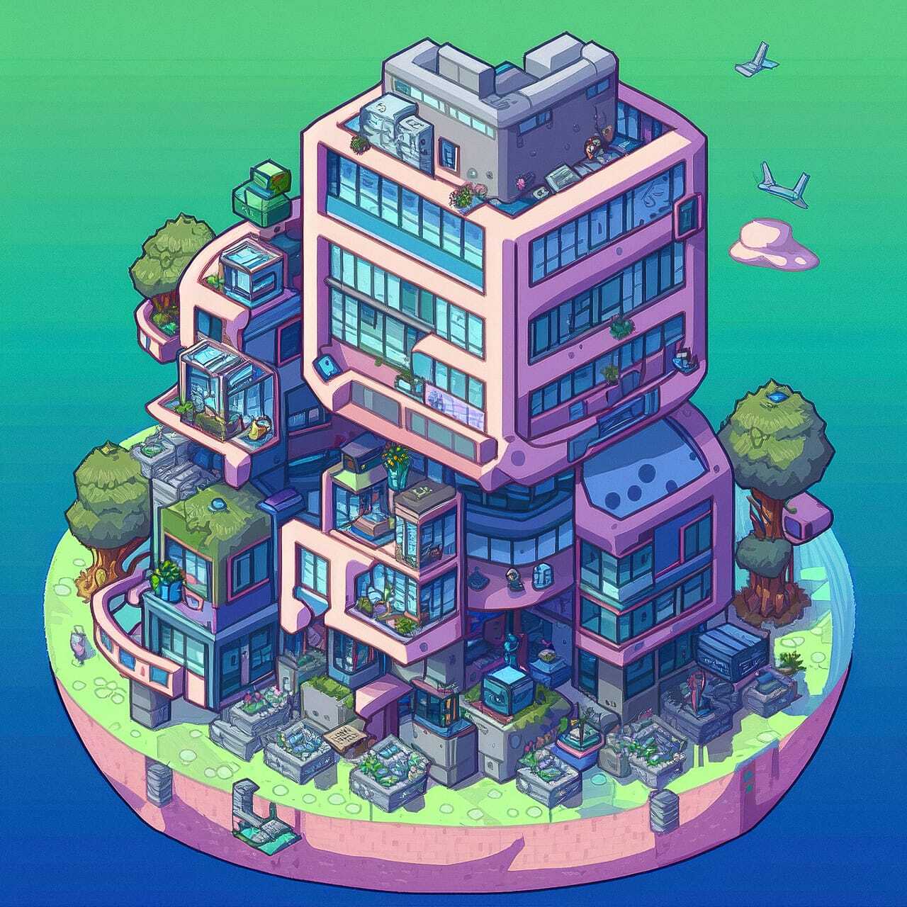 Bioarchitecture concept featuring colorful, modern building design with greenery. Midjourney prompt for innovative architectural styles.