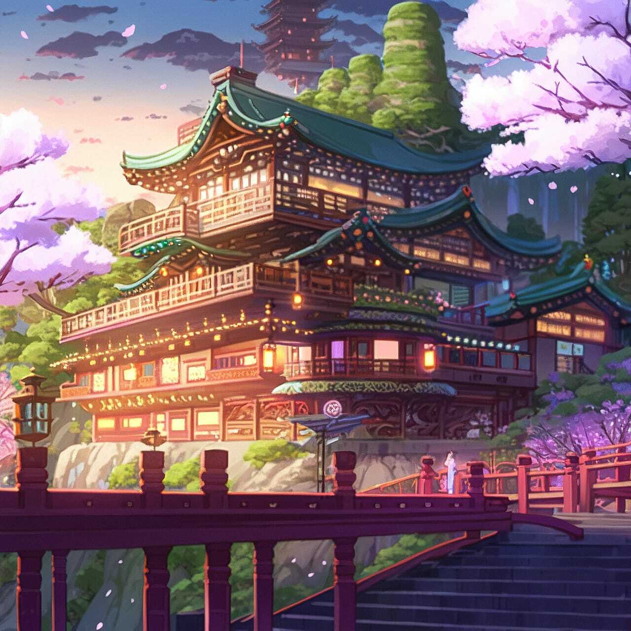 Midjourney prompt for bioarchitecture featuring anime-style building with cherry blossoms, intricate details, and vibrant colors.