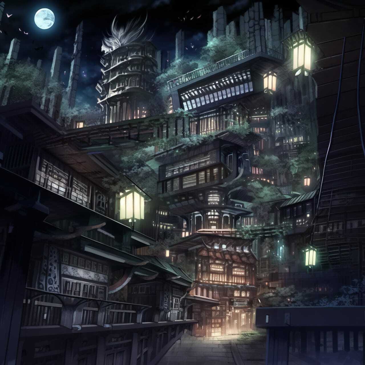 Midjourney prompt for bioarchitecture in anime style, showcasing intricate buildings and dynamic composition.