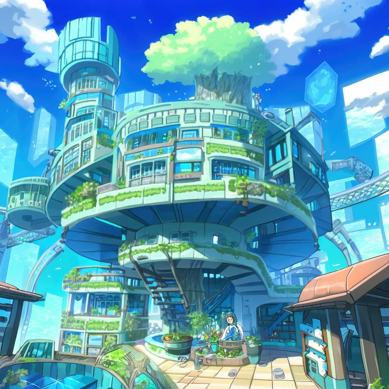 Bioarchitecture concept featuring futuristic building design with greenery, inspired by Midjourney prompt techniques for anime styles.