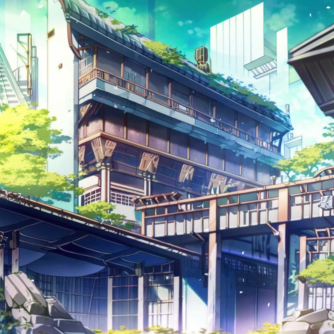 Bioarchitecture in anime style, showcasing Midjourney prompt engineering for dynamic compositions and character-focused designs.