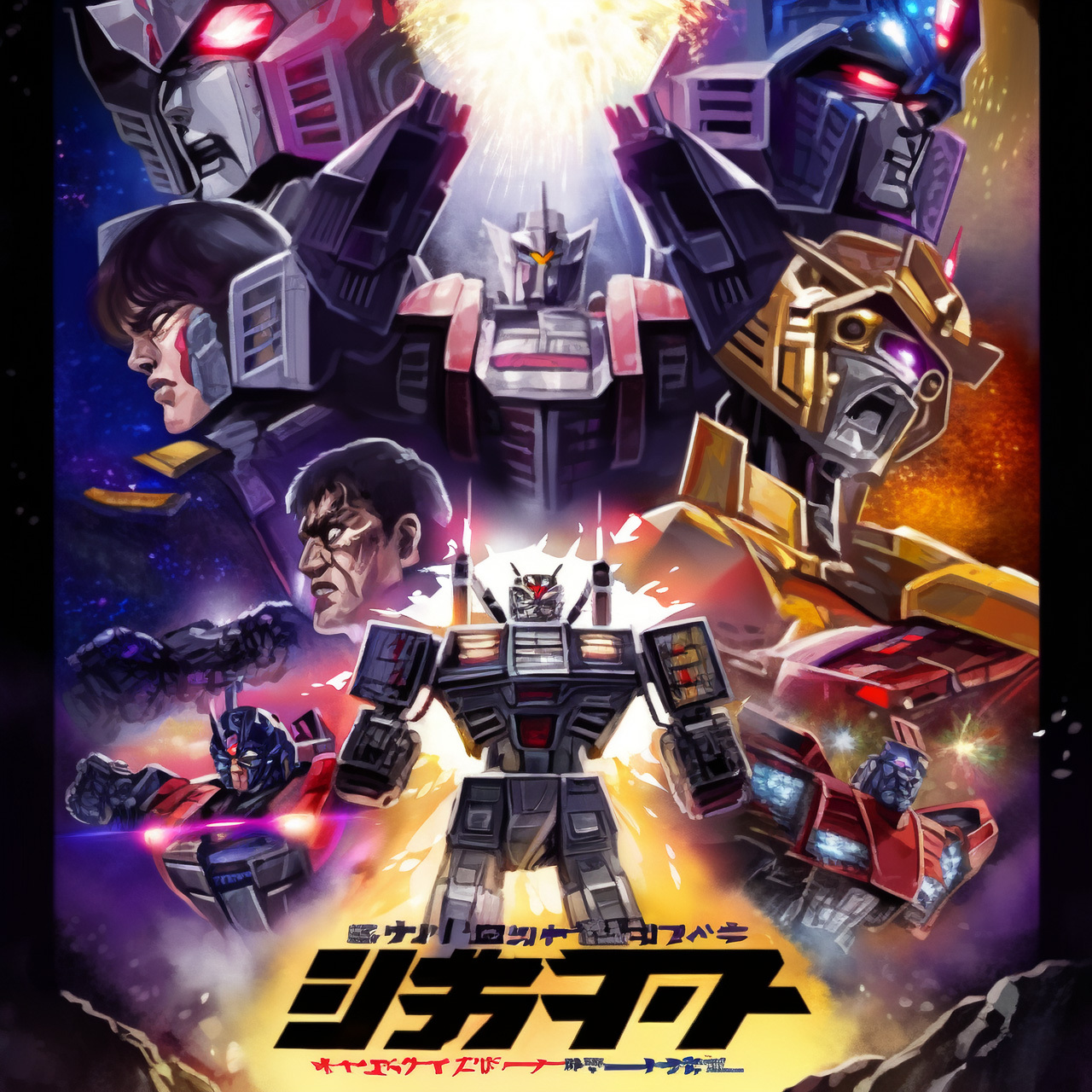 1970s Transformers movie poster in Mecha anime style --niji, showcasing Midjourney prompt engineering for dynamic character-focused compositions.