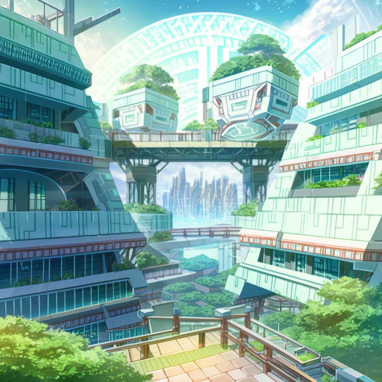 Bioarchitecture scene showcasing futuristic structures with greenery, generated using Midjourney prompt techniques for anime styles.