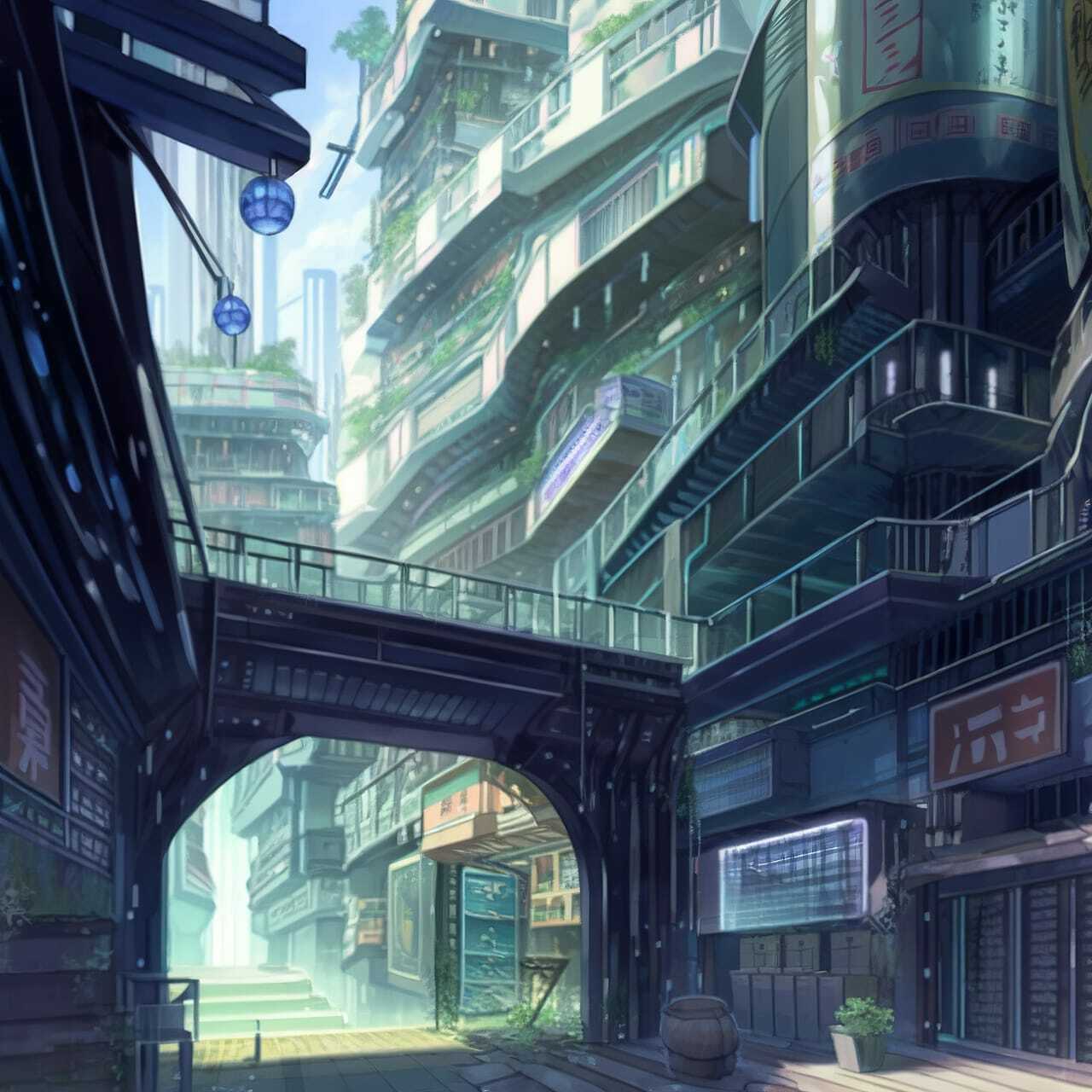 Midjourney prompt for bioarchitecture in anime style, showcasing futuristic urban landscape with greenery and dynamic composition.
