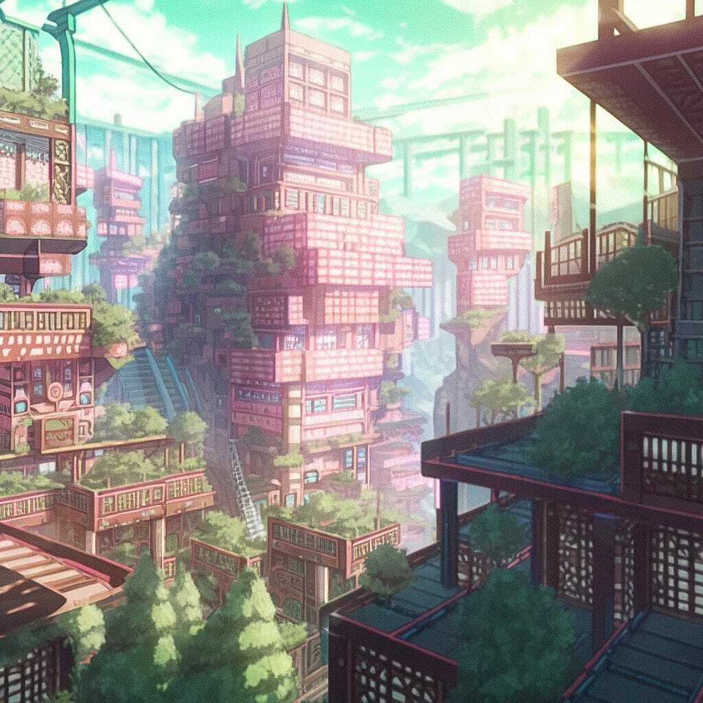 Bioarchitecture scene generated with Midjourney prompt showcasing futuristic, lush urban landscapes with integrated nature.