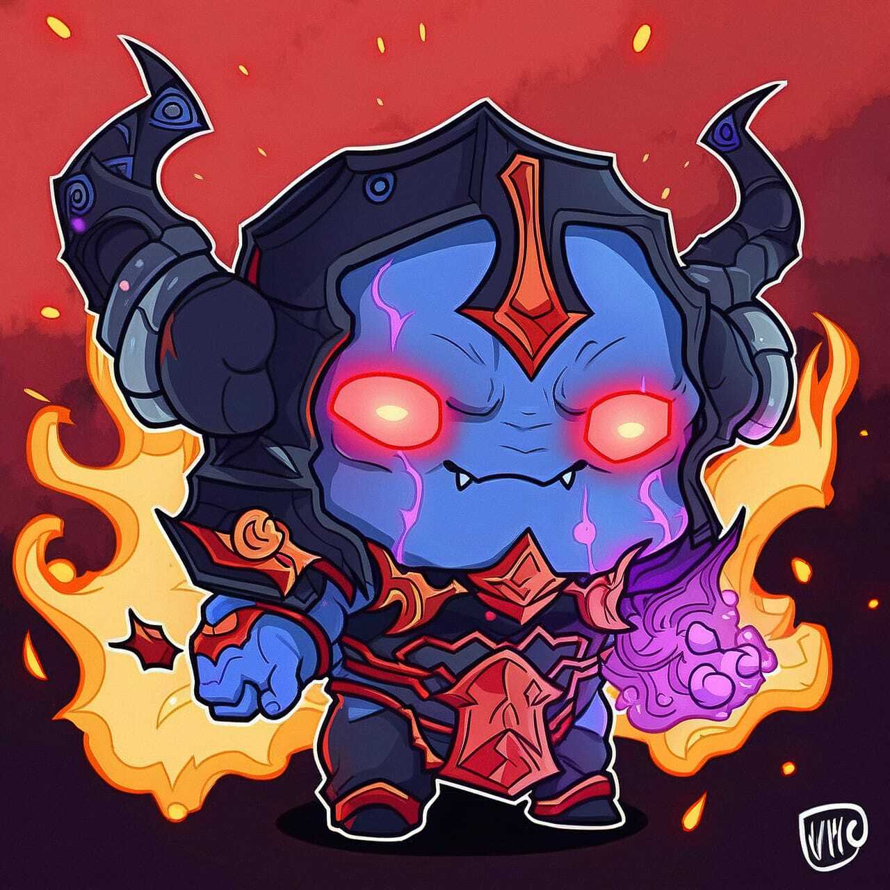 Chernobog character design featuring vibrant colors, dynamic flames, and Midjourney prompt for anime style generation.