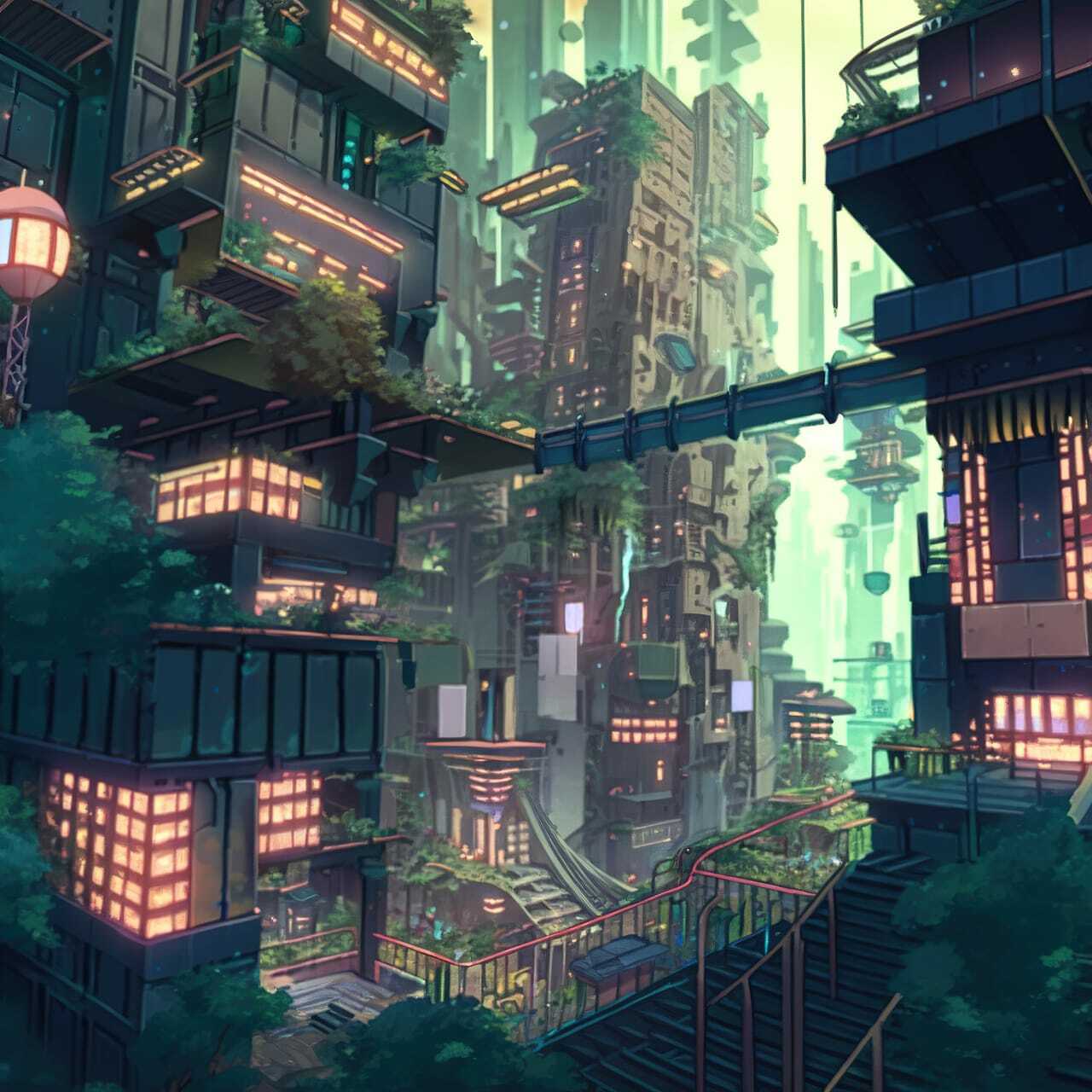 Midjourney prompt for bioarchitecture in futuristic anime cityscape with vibrant colors and dynamic structures.