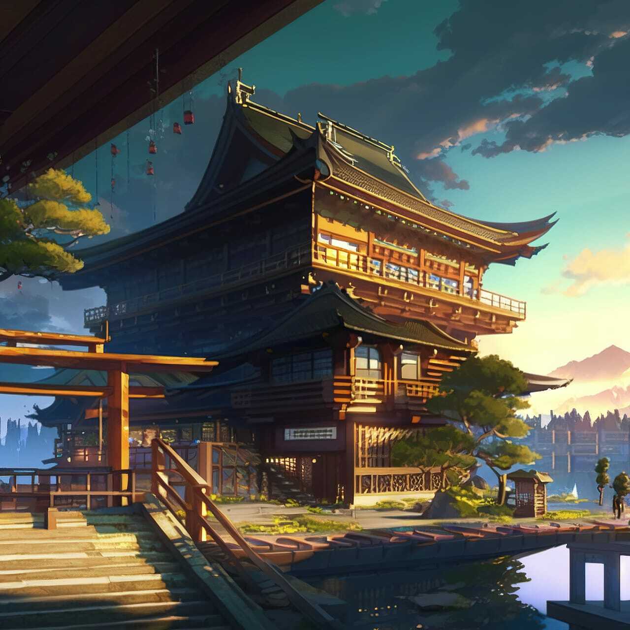 Midjourney prompt showcasing bioarchitecture in anime style, featuring traditional Japanese building and serene landscape.