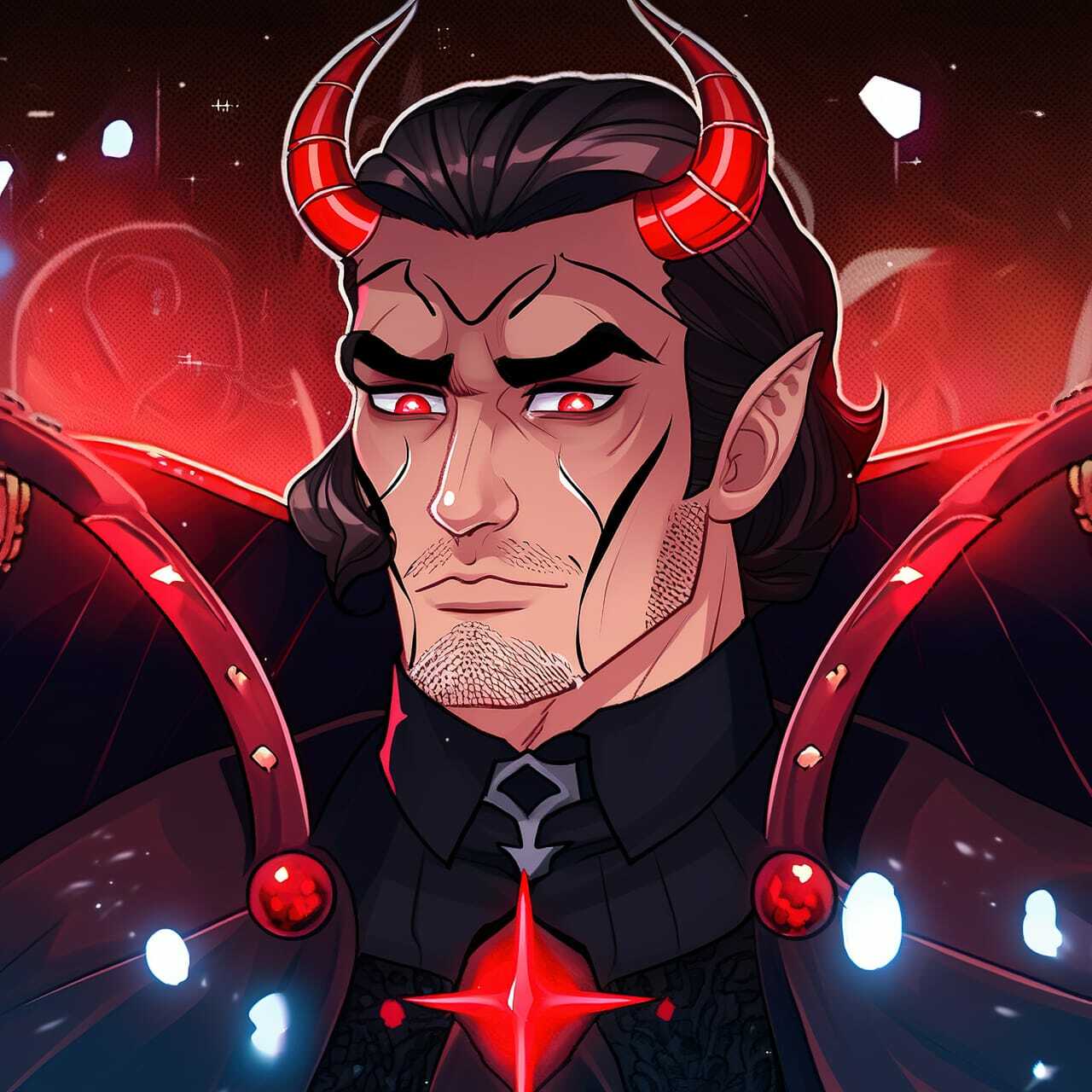 Chernobog character design featuring red horns, glowing eyes, and dark attire, showcasing Midjourney prompt engineering for anime styles.