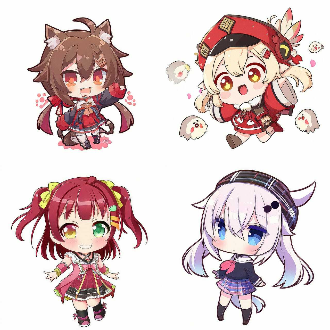 Chibi anime style characters generated with Midjourney prompt, showcasing diverse expressions and outfits, emphasizing --niji capabilities.