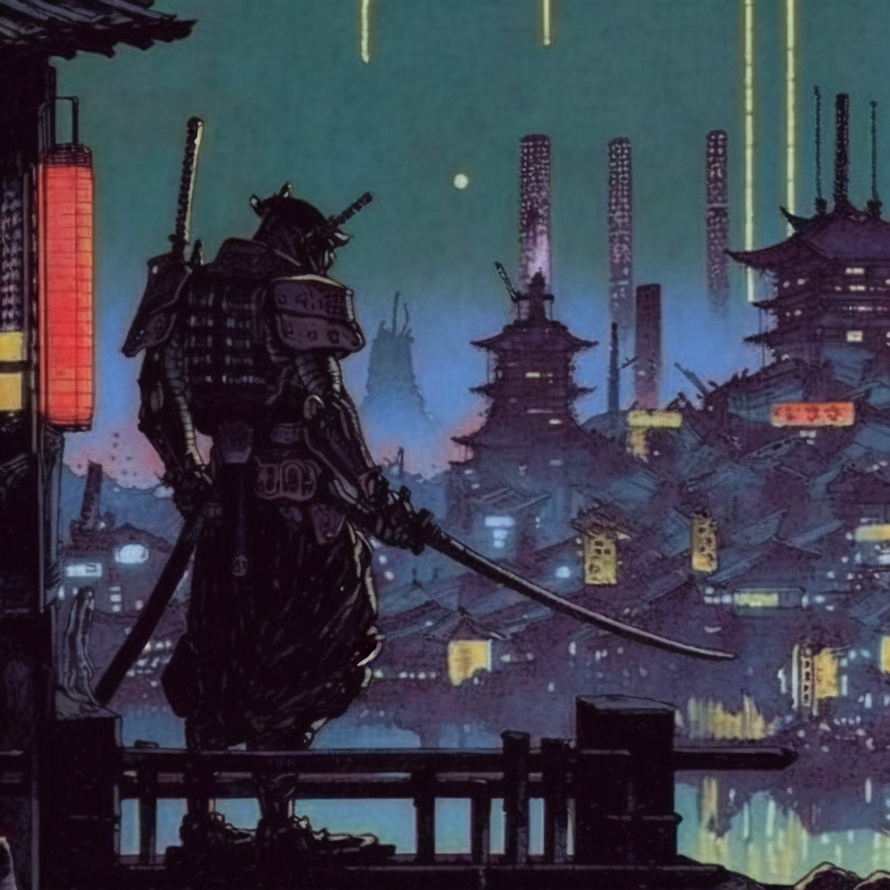 Cyberpunk samurai scene by Katsuhiro Otomo, showcasing Midjourney --niji prompt engineering for dynamic anime styles.