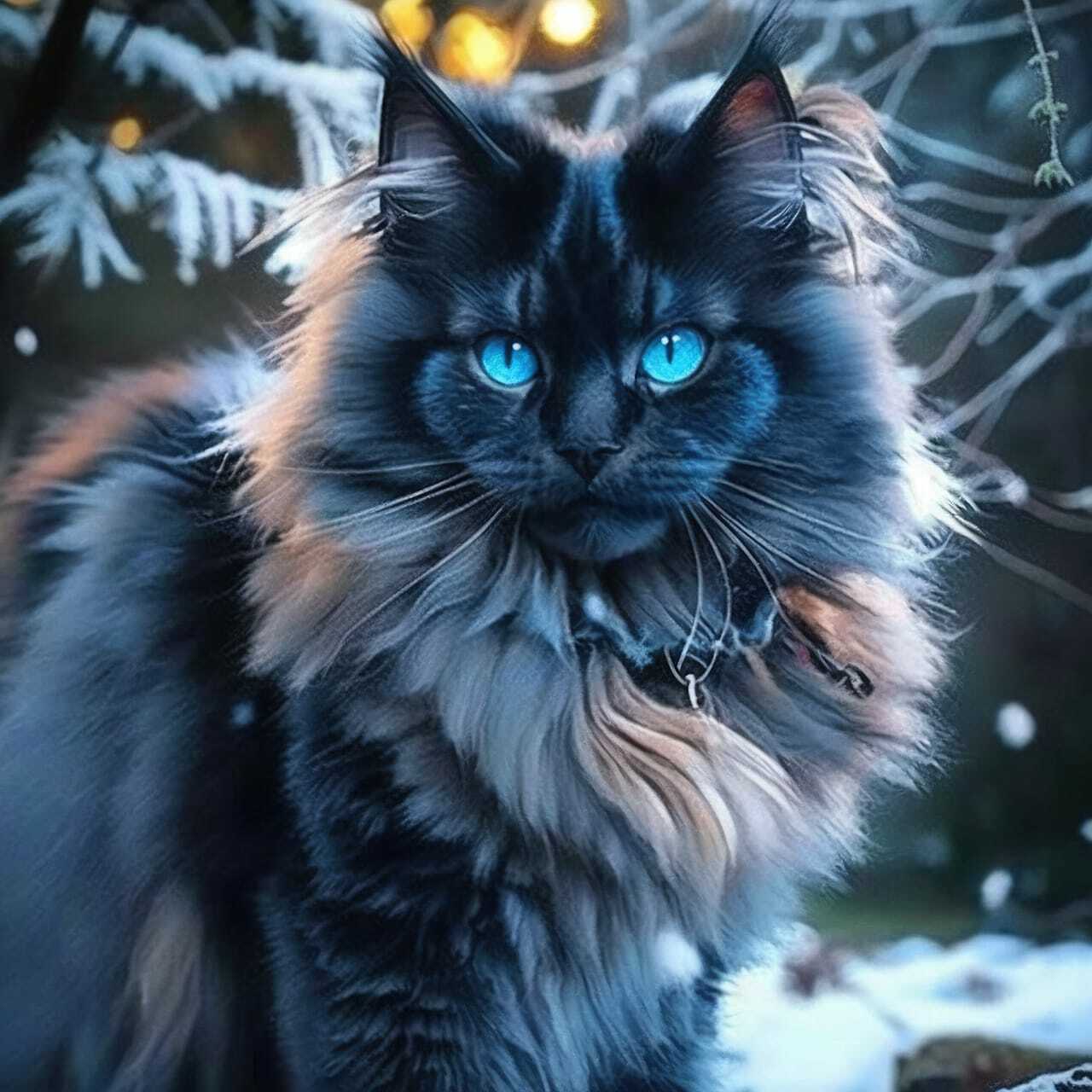 Mainecoon cat with blue eyes in winter setting, showcasing Midjourney prompt techniques for anime styles.